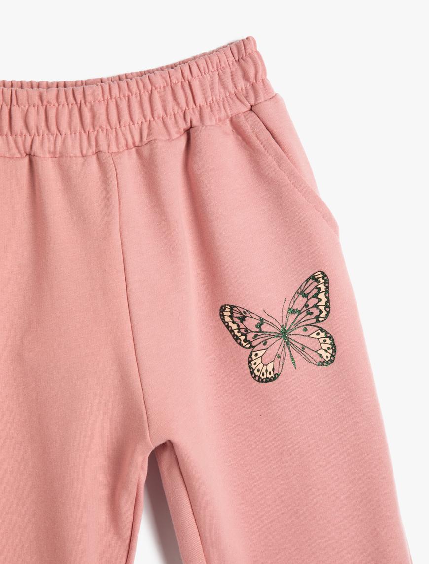  Kız Çocuk Jogger Eşofman Altı Beli Lastikli Kelebek Baskı Detaylı