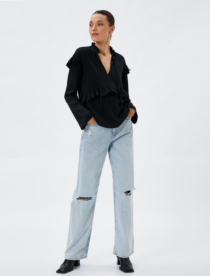  Uzun Kollu Bluz Fırfırlı V Yaka Bağlama Detaylı Pamuklu