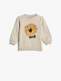 Aslan Baskılı Sweatshirt Uzun Kollu Bisiklet Yaka Şardonlu