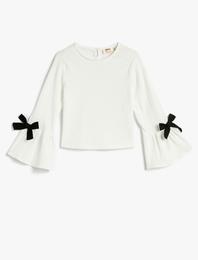Bluz Slim Fit Uzun Çan Kollu Yuvarlak Yaka Fiyonk Detaylı Dokulu