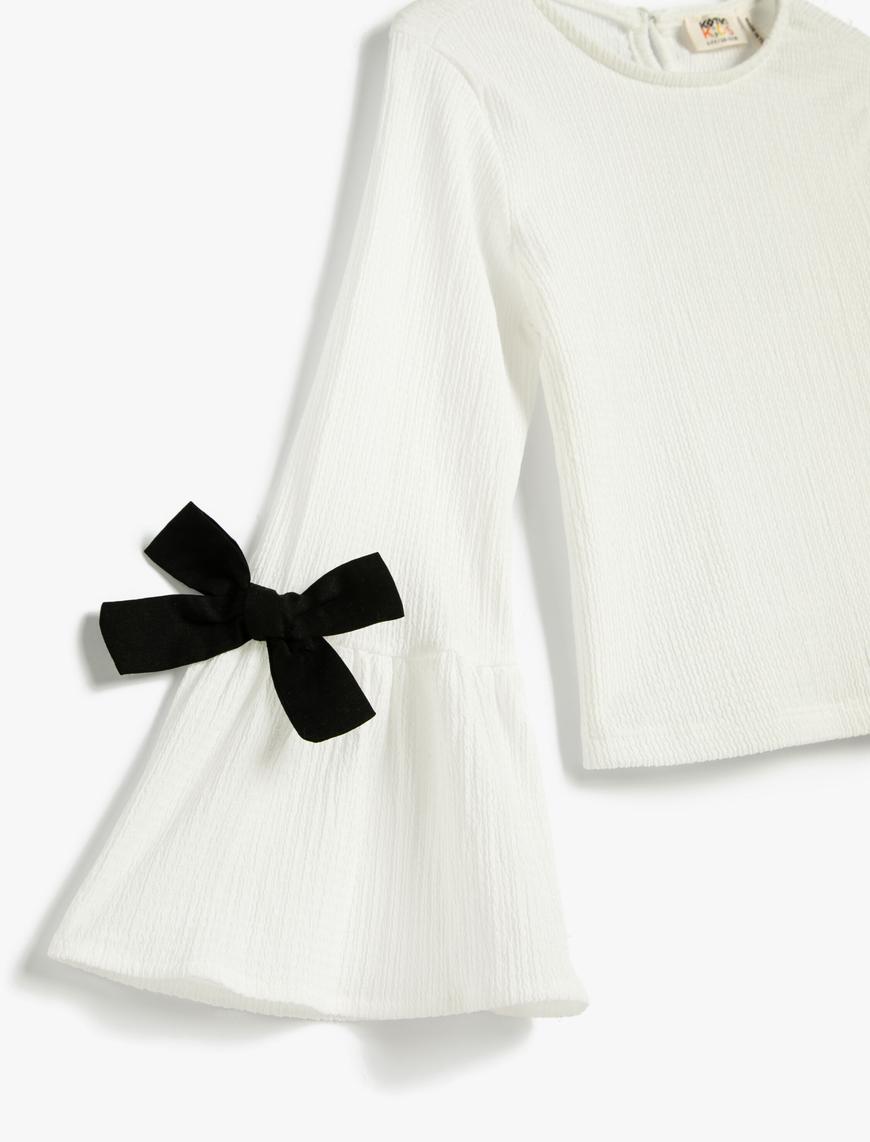  Kız Çocuk Bluz Slim Fit Uzun Çan Kollu Yuvarlak Yaka Fiyonk Detaylı Dokulu