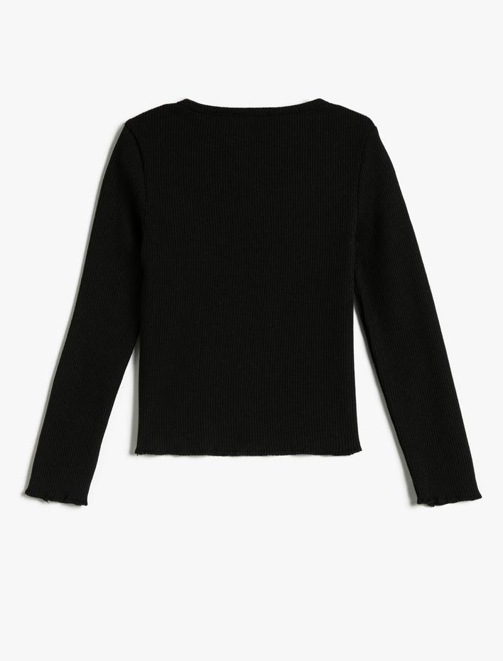 Kız Çocuk Tişört Fitilli Uzun Kollu Bisiklet Yaka Baskılı Pamuklu