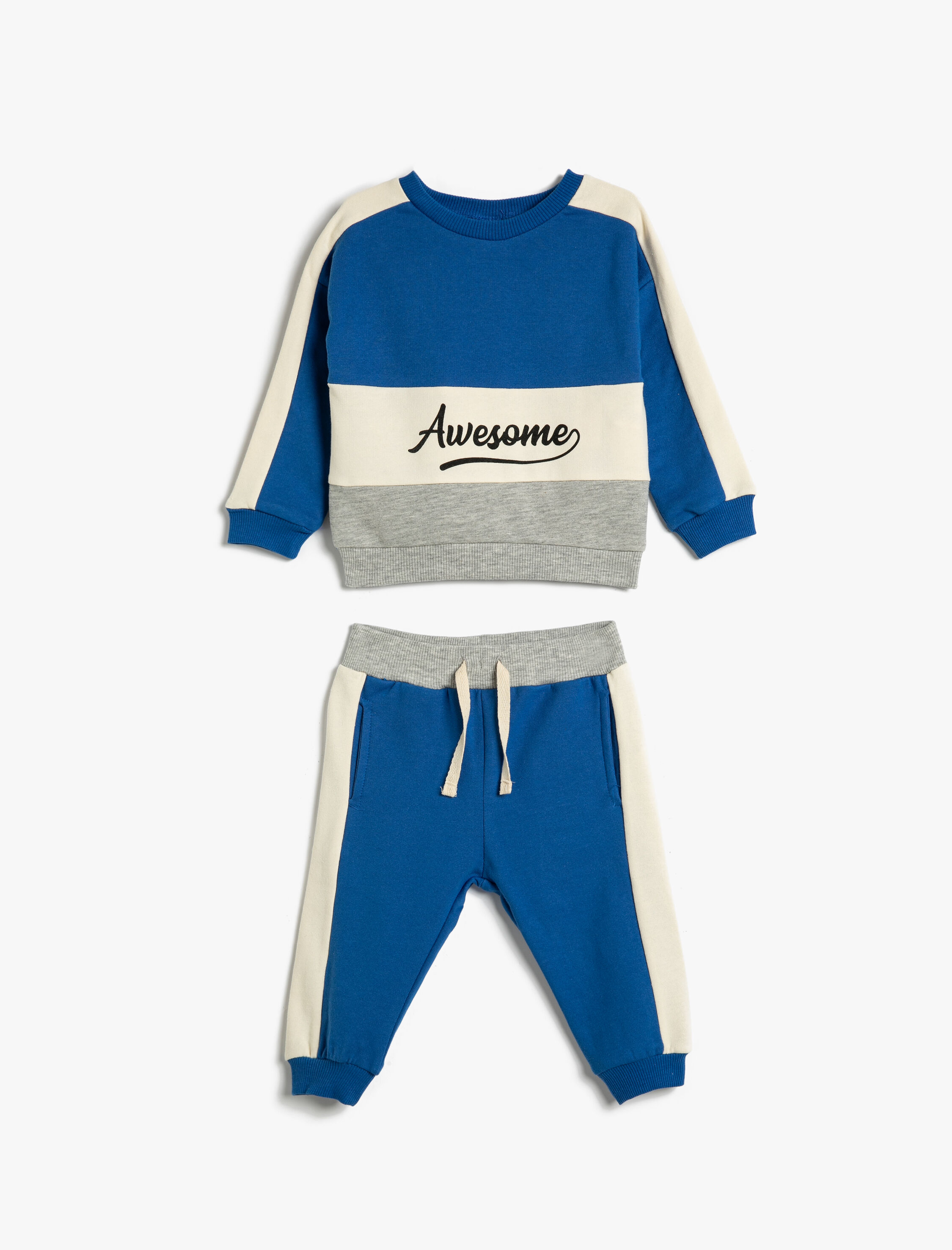  Erkek Bebek Eşofman Takımı 2'li Renk Bloklu İşleme Detaylı Pamuklu