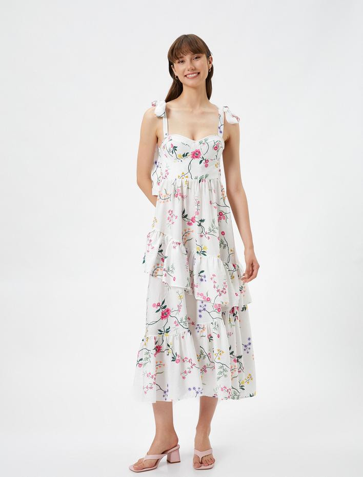  Çiçekli Viskon Elbise Midi Bağlamalı Askılı Volanlı Kalp Yaka Fiyonk Detaylı