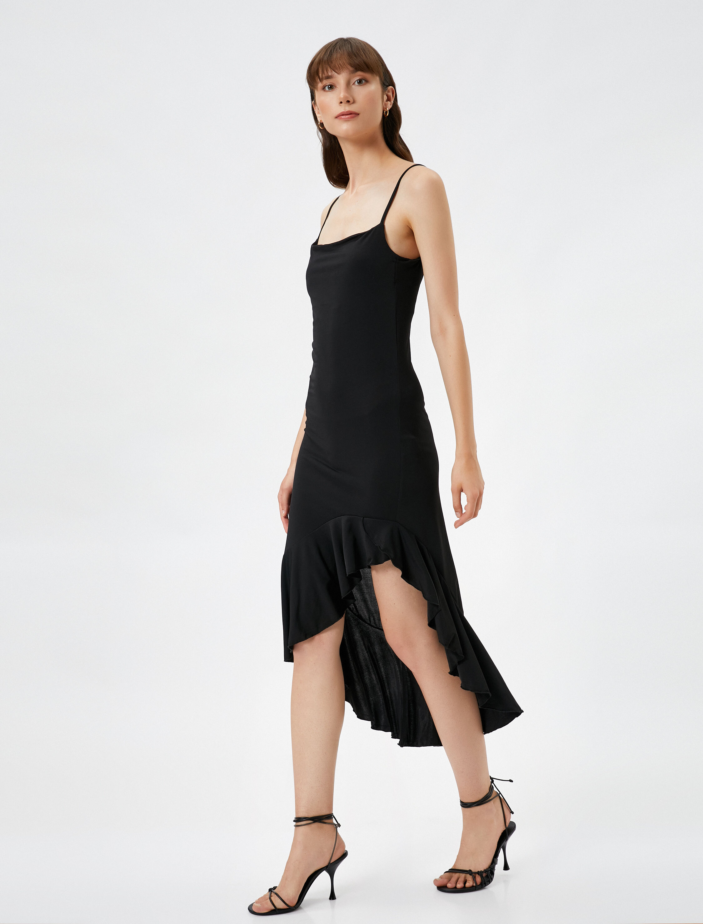   Asimetrik Fırfırlı Elbise Midi İnce Askılı Dar Kesim