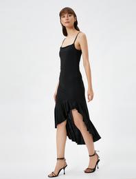 Asimetrik Fırfırlı Elbise Midi İnce Askılı Dar Kesim