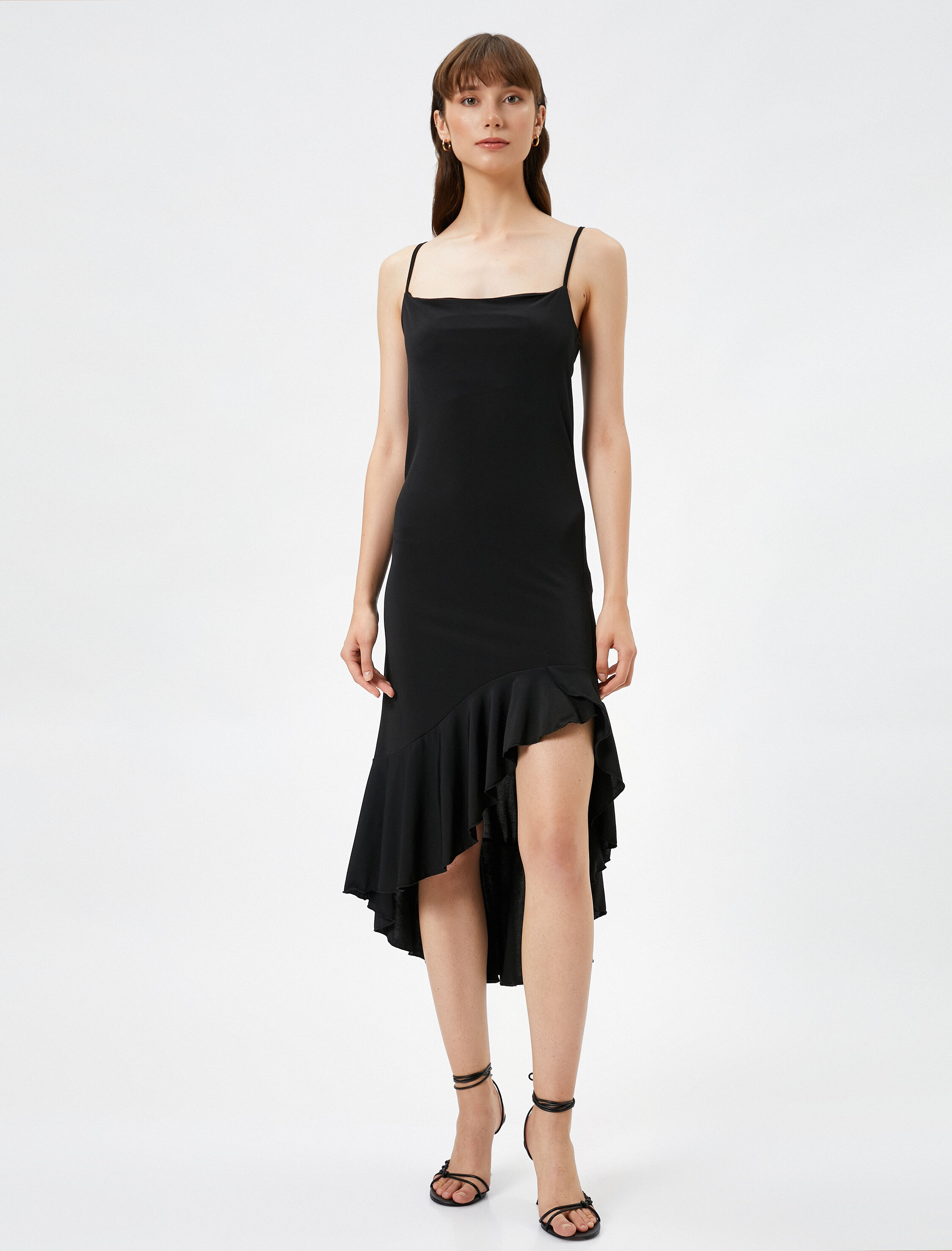   Asimetrik Fırfırlı Elbise Midi İnce Askılı Dar Kesim