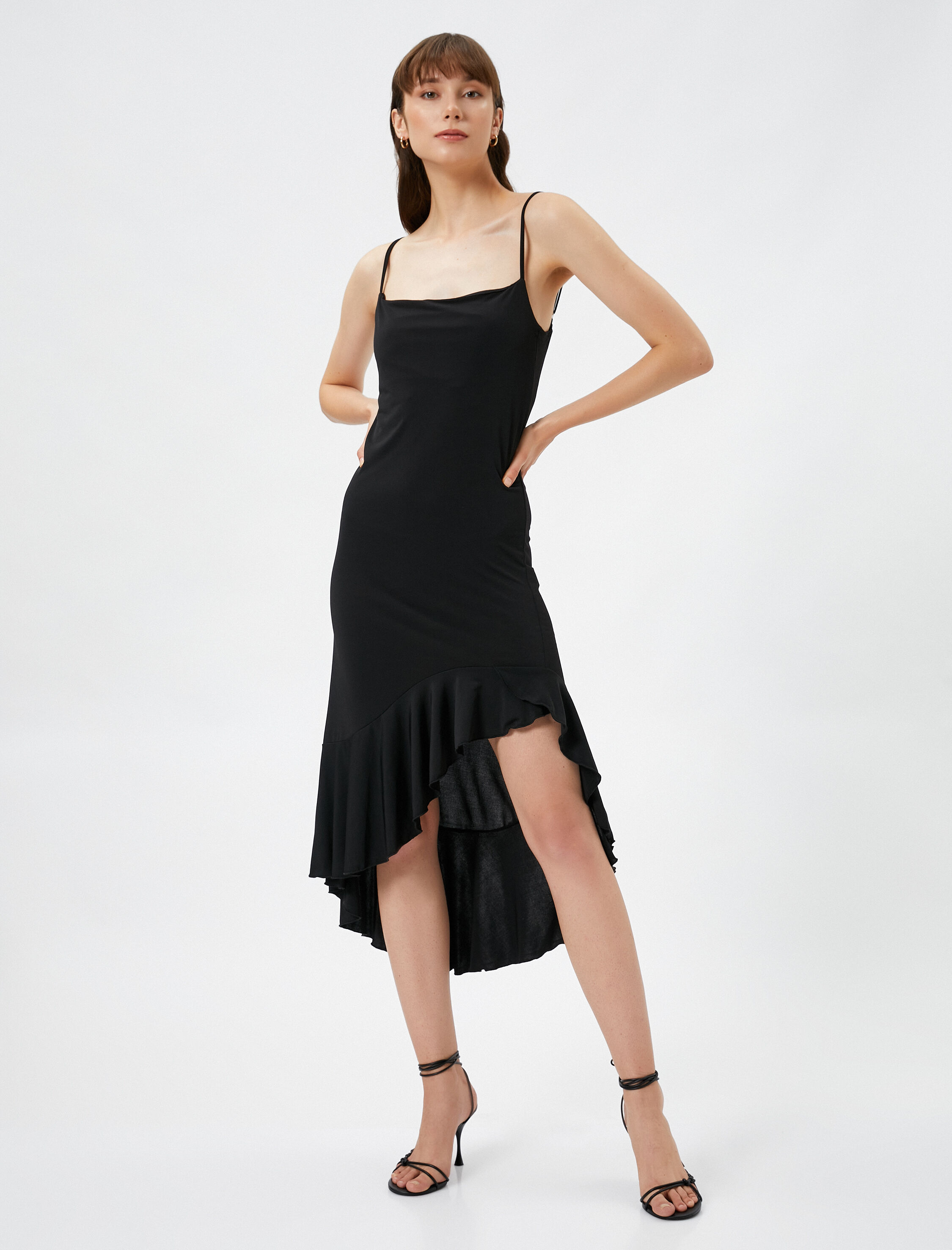   Asimetrik Fırfırlı Elbise Midi İnce Askılı Dar Kesim