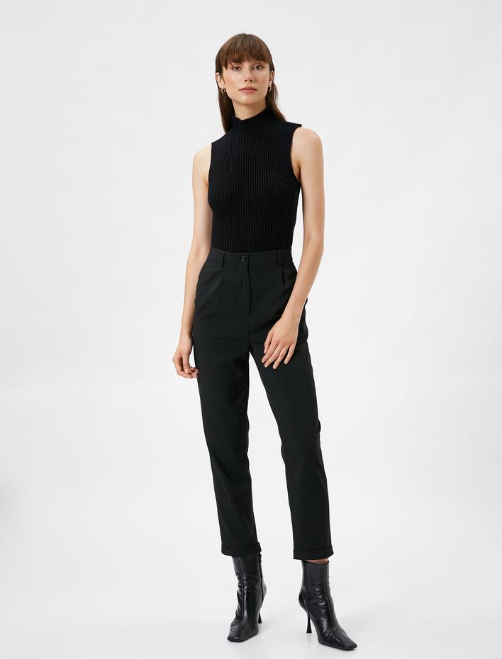  Kumaş Pantolon Yüksek Bel Pile Detaylı Cepli Düğmeli