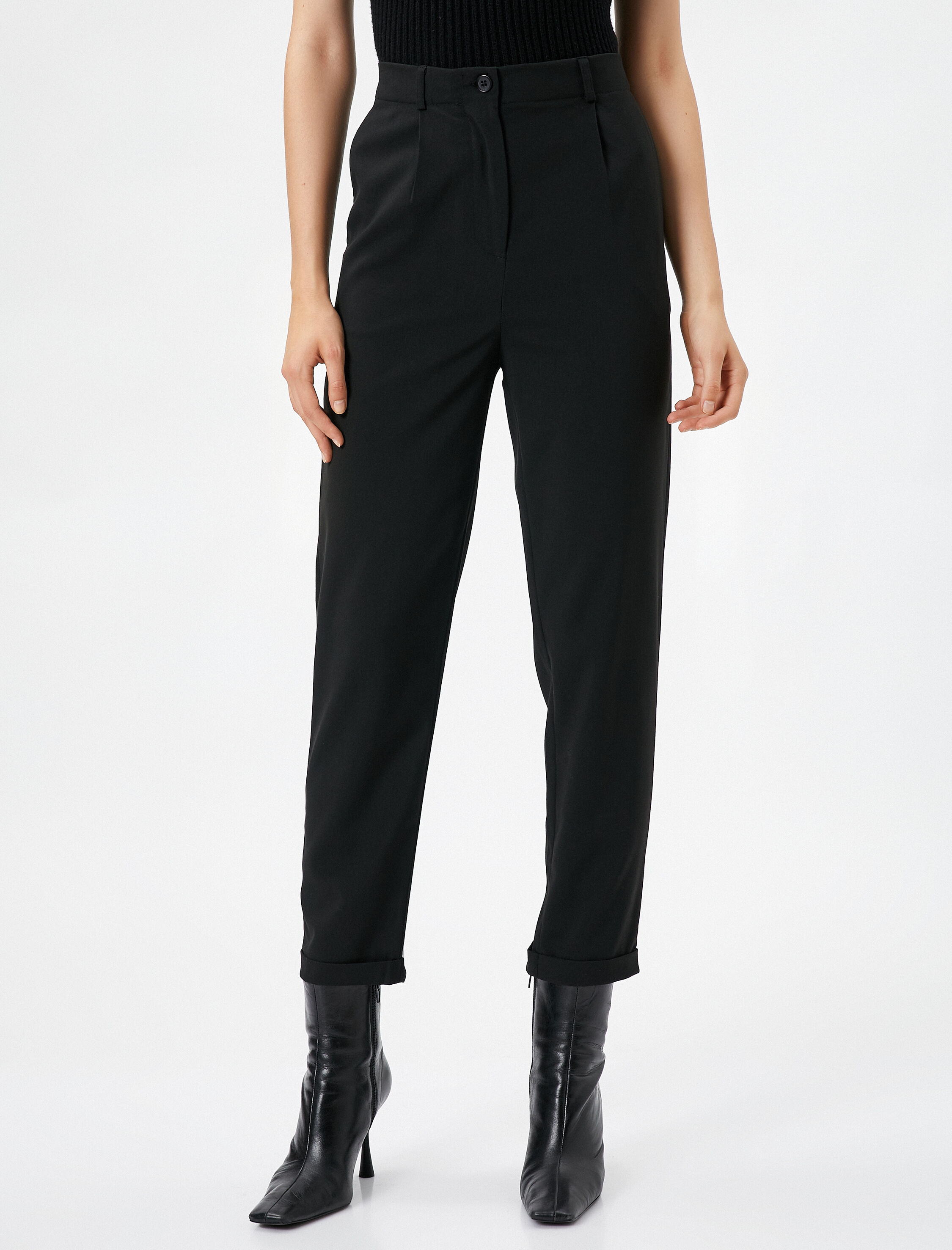   Kumaş Pantolon Yüksek Bel Pile Detaylı Cepli Düğmeli