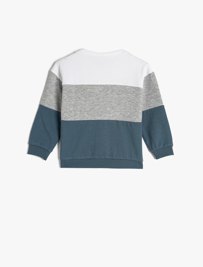 Erkek Bebek Sweatshirt Bisiklet Yaka Renk Bloklu Baskılı Şardonlu Pamuklu