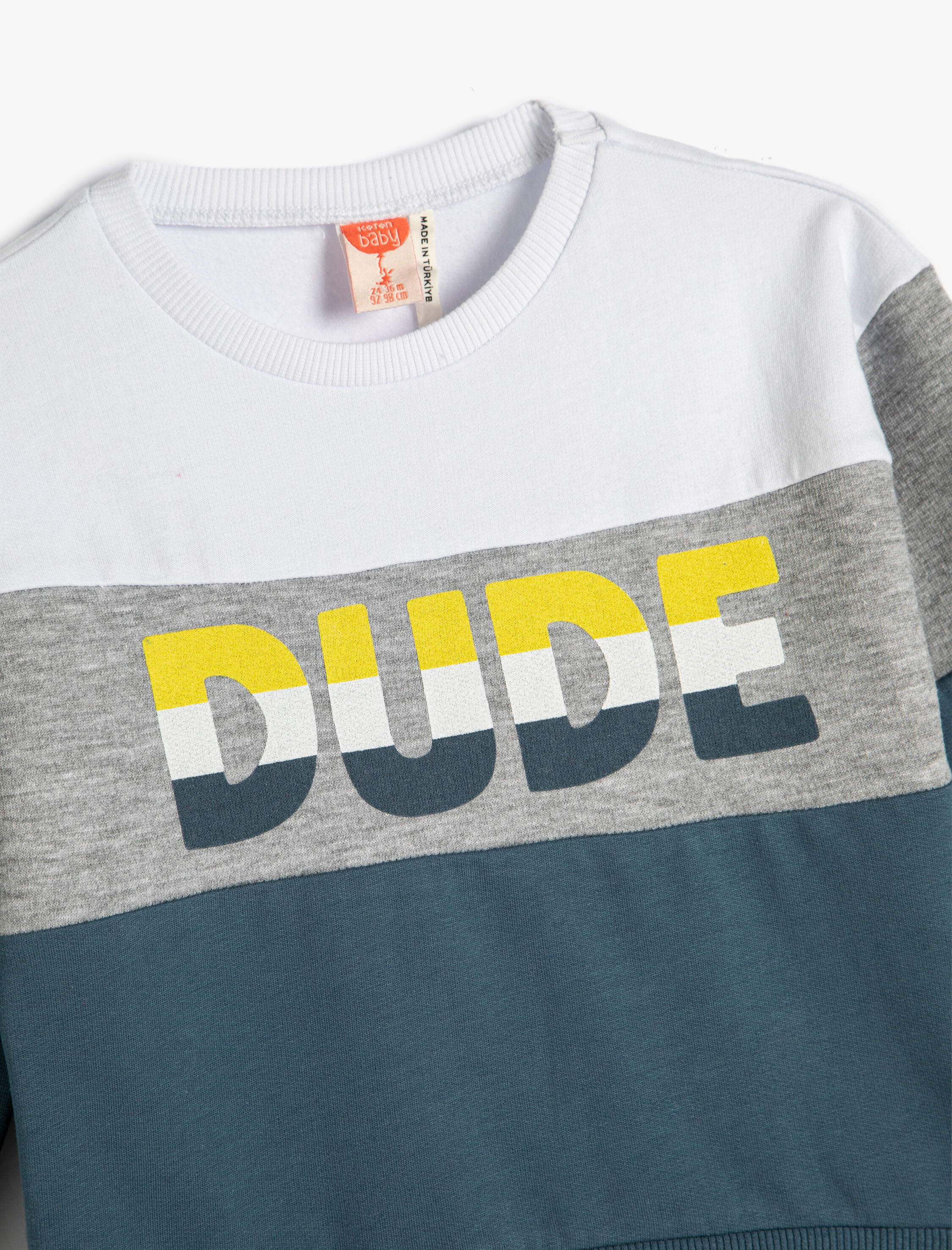  Erkek Bebek Sweatshirt Bisiklet Yaka Renk Bloklu Baskılı Şardonlu Pamuklu