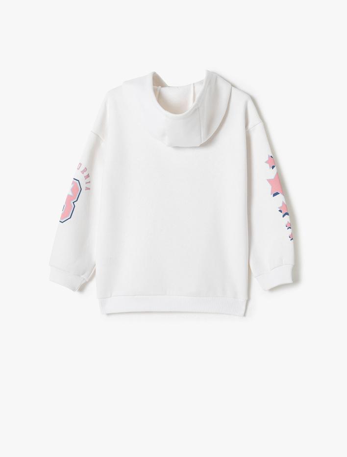 Kız Çocuk Kapşonlu Sweatshirt Şardonlu Uzun Kollu Bisiklet Yaka Baskılı