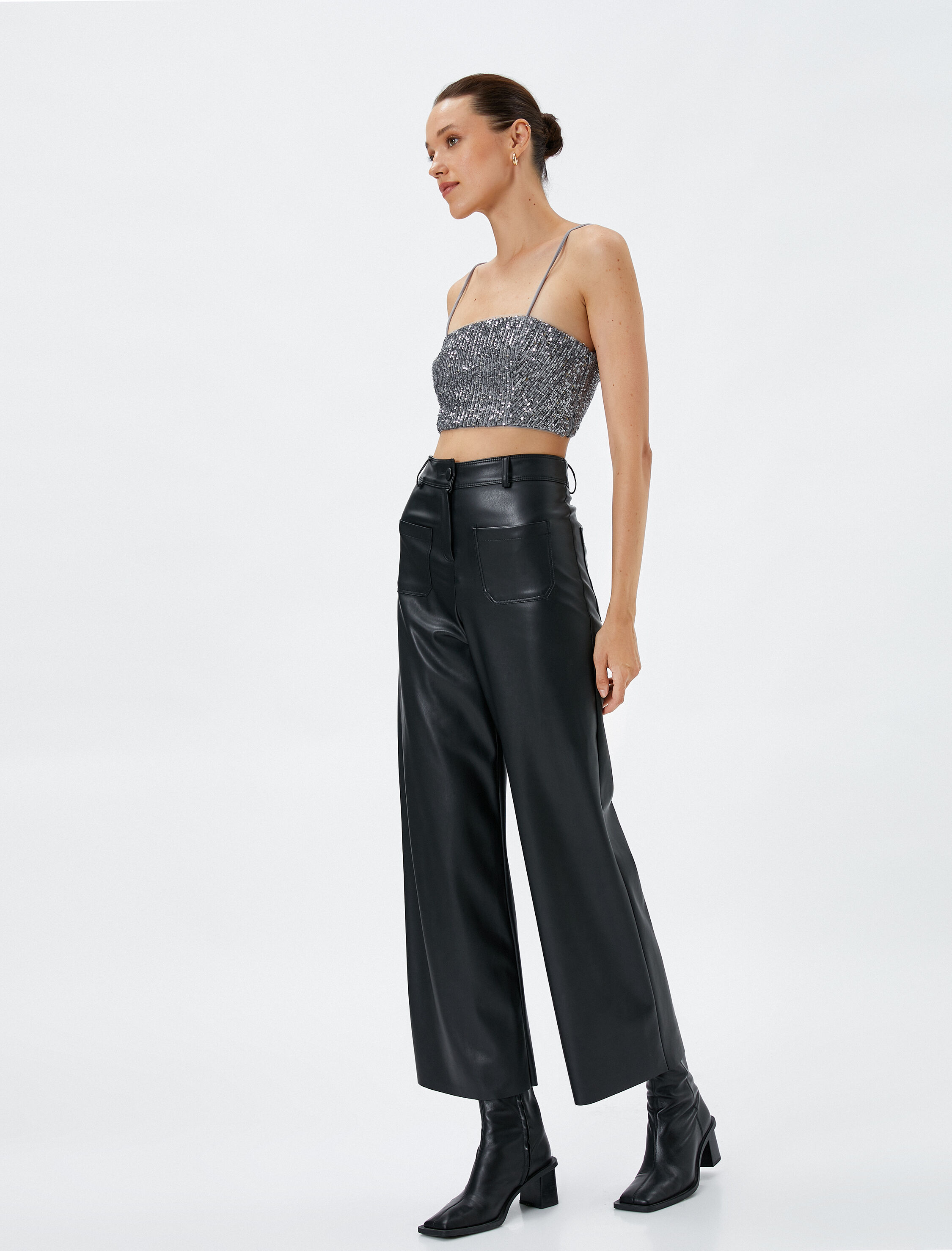   Crop Üst Pul Payetli Metalik İnce Askılı Slim Fit