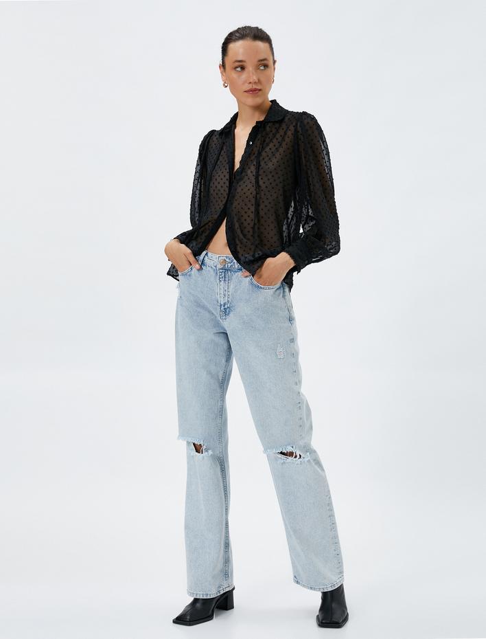  Transparan Şifon Gömlek Dokulu Balon Kollu Bağlama Detaylı