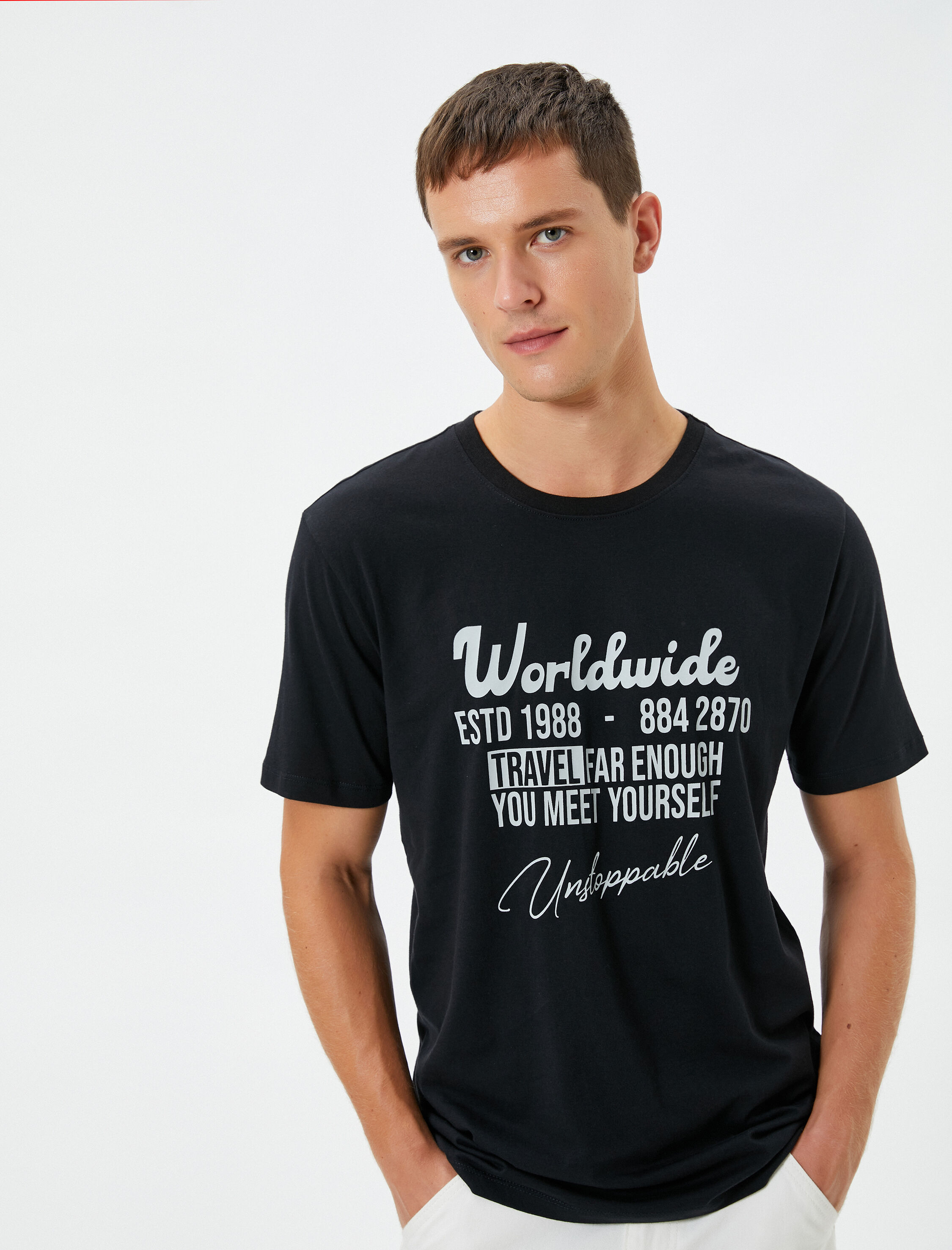   Slogan Baskılı Tişört Bisiklet Yaka Slim Fit Kısa Kollu