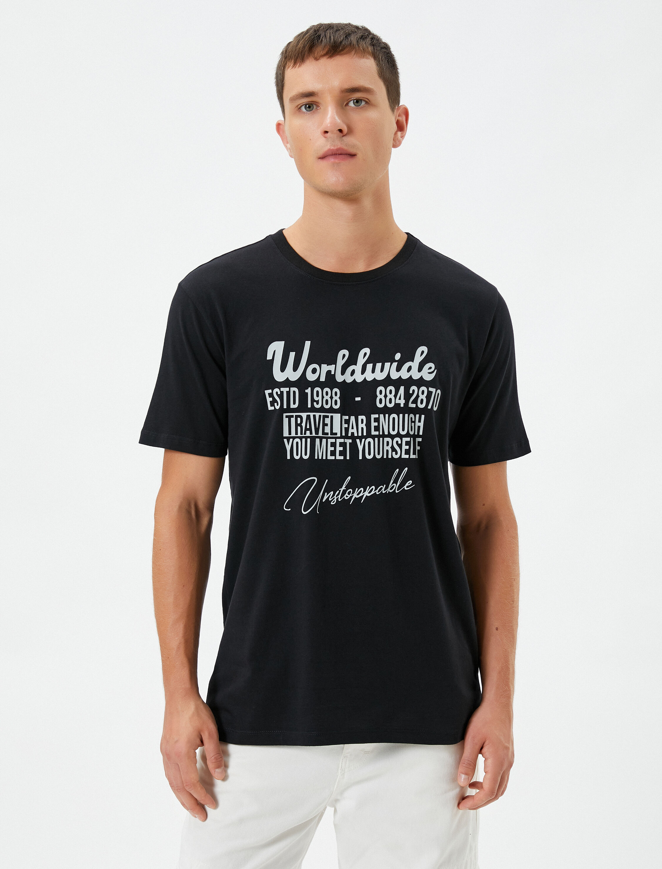   Slogan Baskılı Tişört Bisiklet Yaka Slim Fit Kısa Kollu