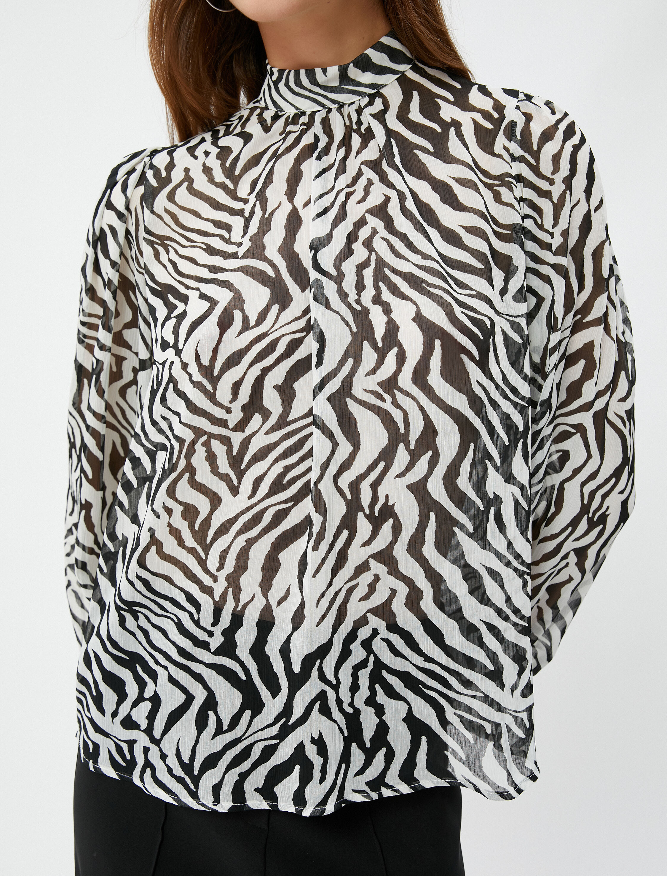   Şifon Bluz Hakim Yaka Balon Kollu Zebra Desenli