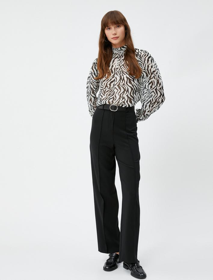  Şifon Bluz Hakim Yaka Balon Kollu Zebra Desenli