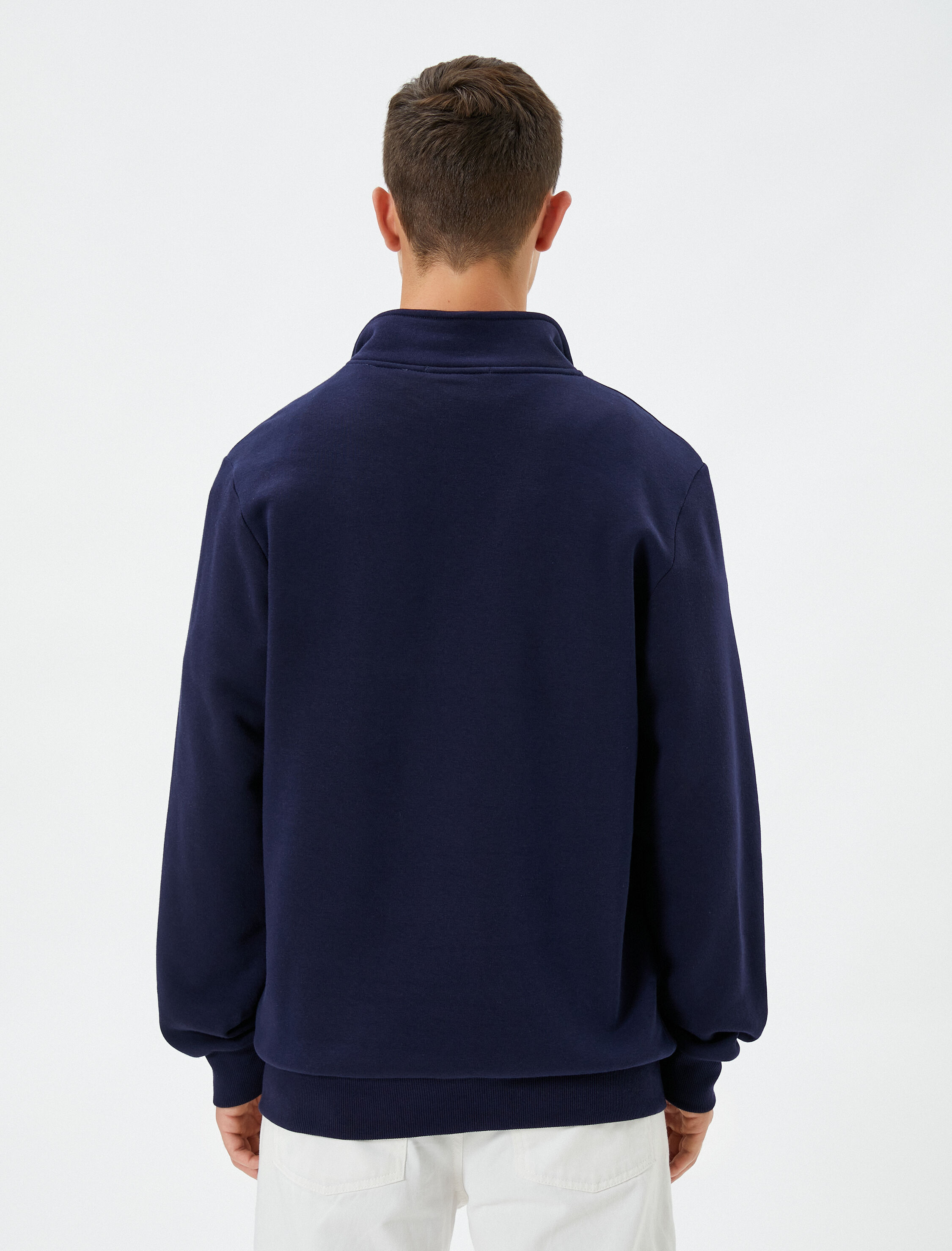 Yarım Fermuarlı Sweatshirt Uzakdoğu Baskılı Dik Yaka Şardonlu