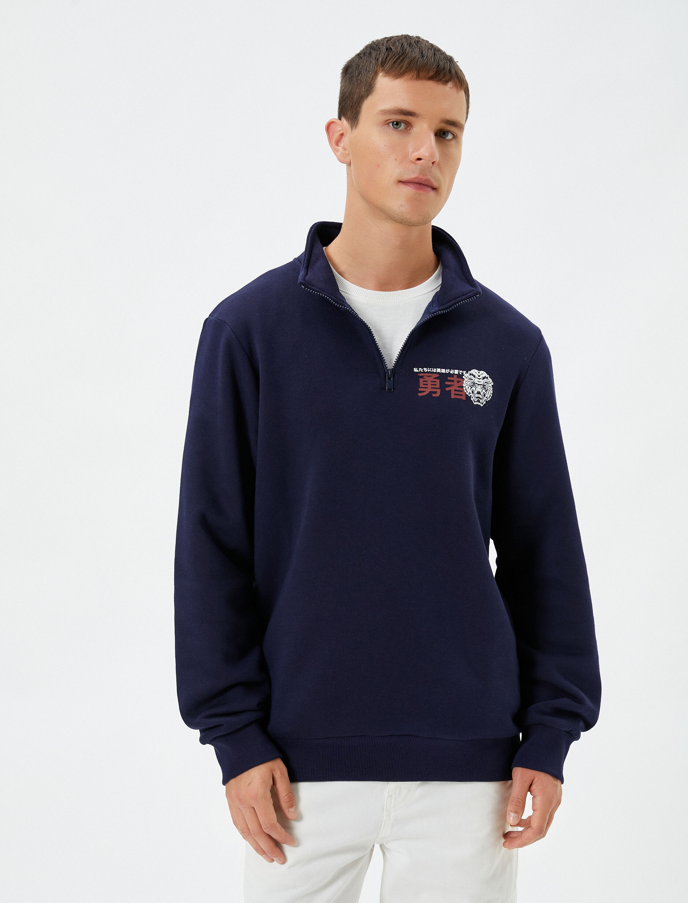 Yarım Fermuarlı Sweatshirt Uzakdoğu Baskılı Dik Yaka Şardonlu