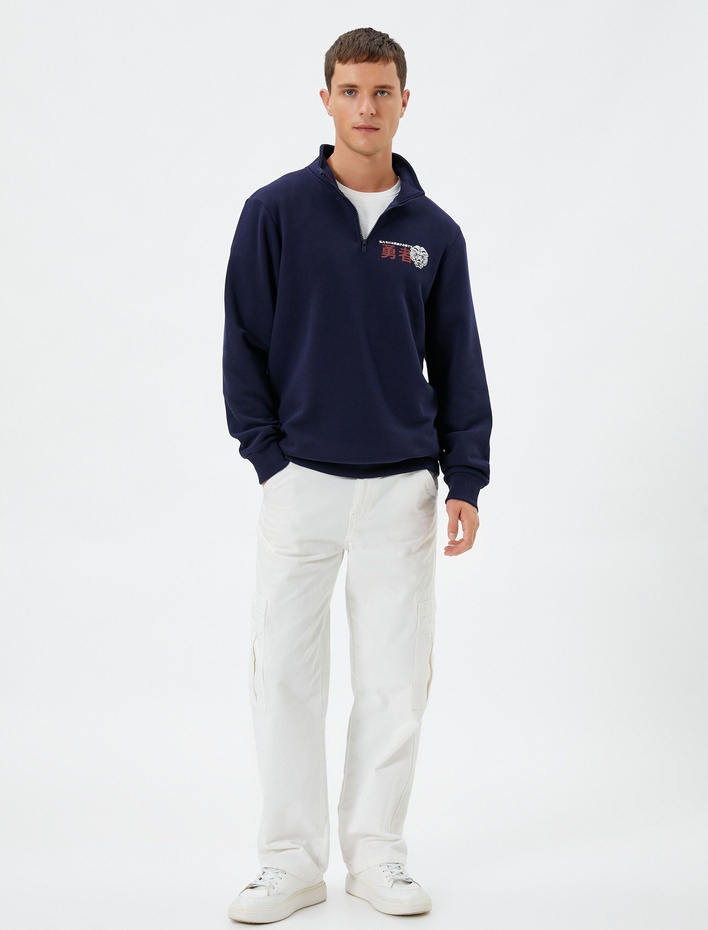  Yarım Fermuarlı Sweatshirt Uzakdoğu Baskılı Dik Yaka Şardonlu