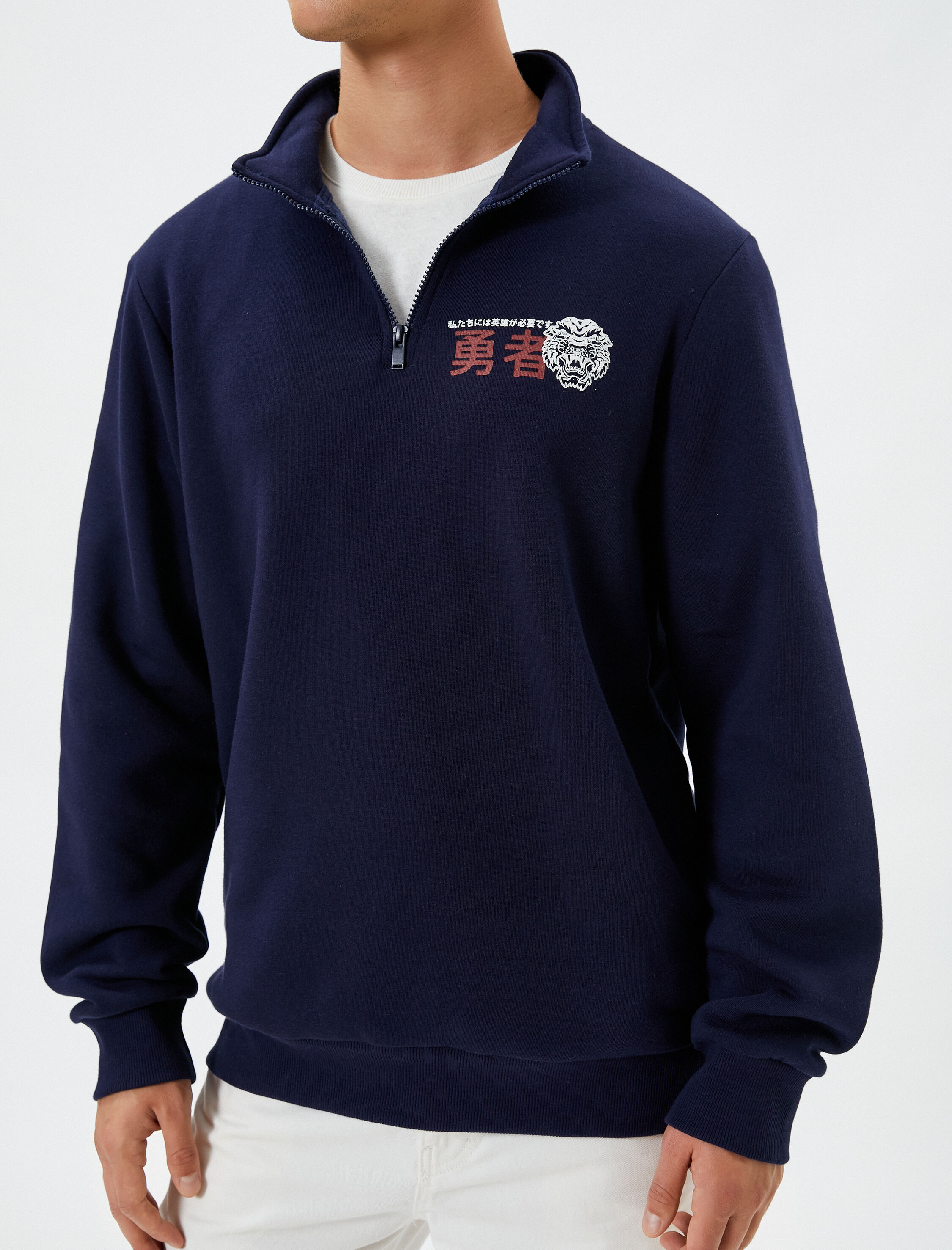 Yarım Fermuarlı Sweatshirt Uzakdoğu Baskılı Dik Yaka Şardonlu
