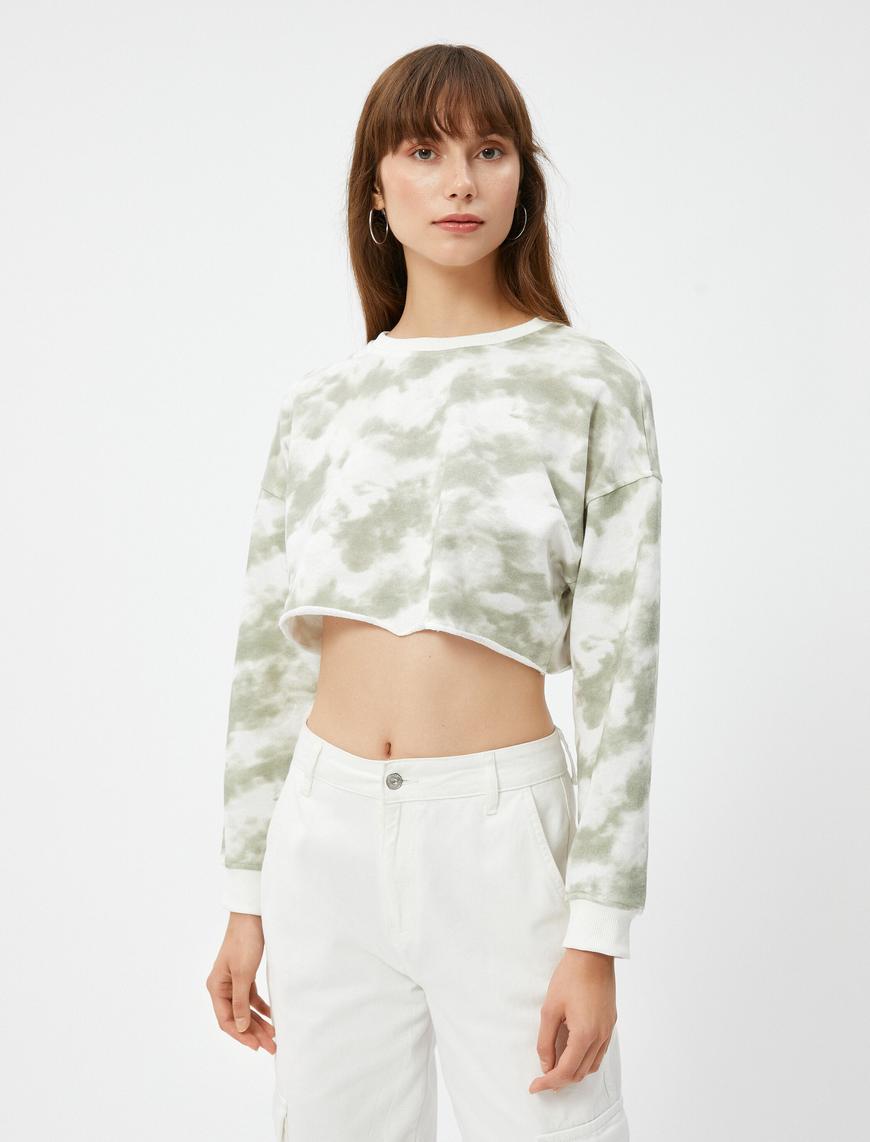   Batik Desenli Bisiklet Yaka Crop Sweatshirt