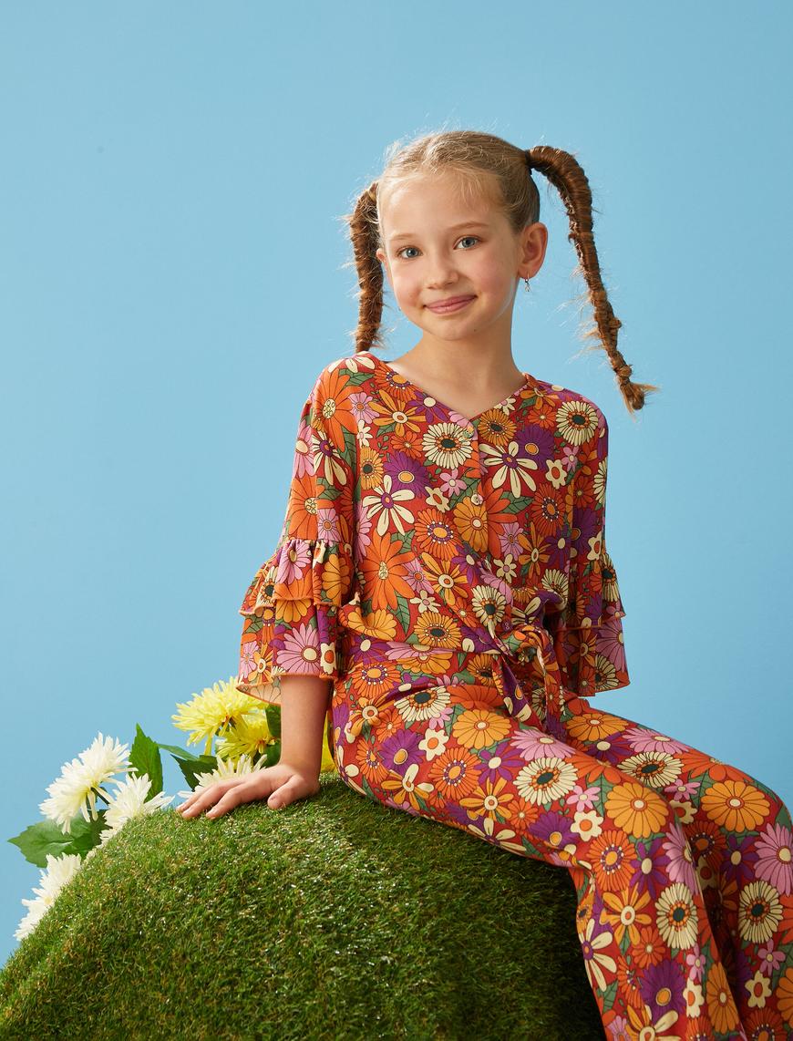  Kız Çocuk Crop Bluz Önden Bağlamalı Çiçekli Fırfırlı