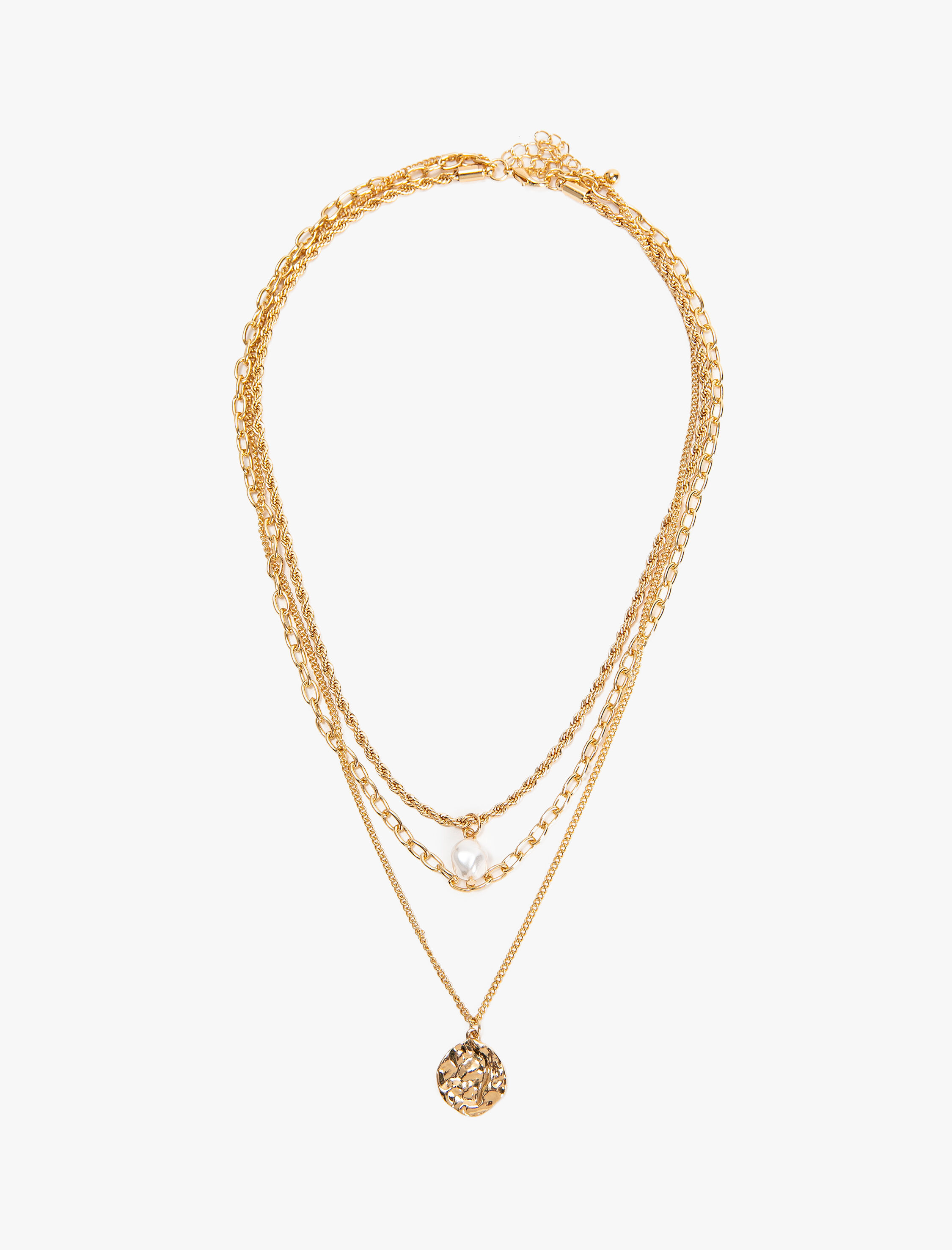  Kadın Katlı Zincir Kolye İnci Charmlı Madalyon Uçlu