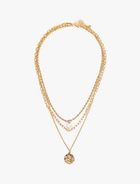 Katlı Zincir Kolye İnci Charmlı Madalyon Uçlu