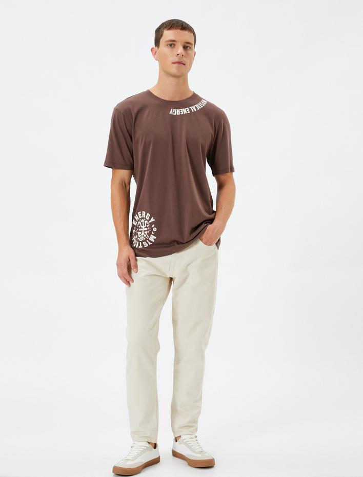  Slogan Baskılı Tişört Bisiklet Yaka Kısa Kollu Pamuklu