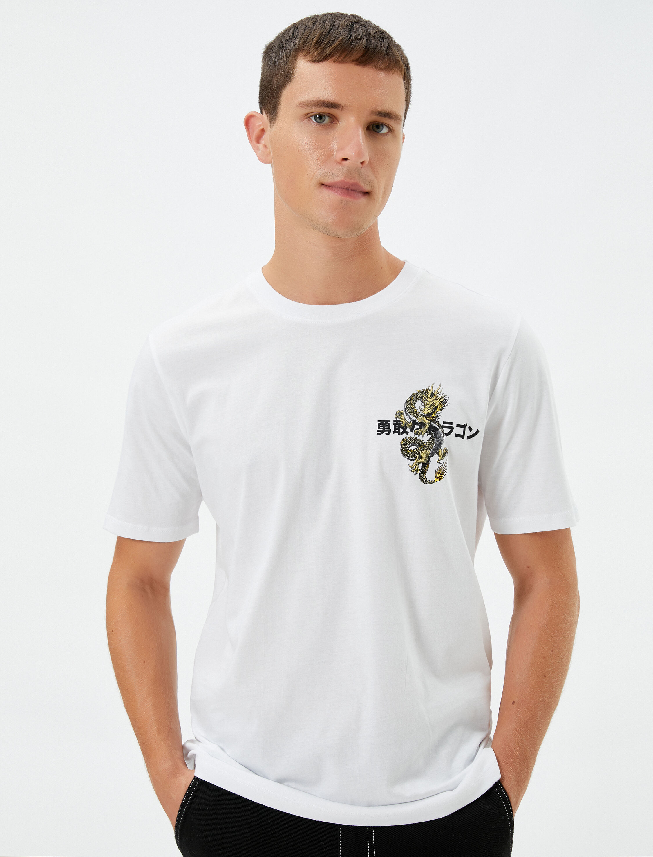   Arkası Baskılı Tişört Uzakdoğu Temalı Bisiklet Yaka Kısa Kollu