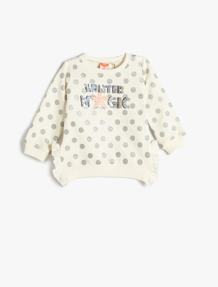 Kız Bebek Sweatshirt Simli Baskılı Payet İşlemeli Aplike ve Fırfır Detaylı Şardonlu