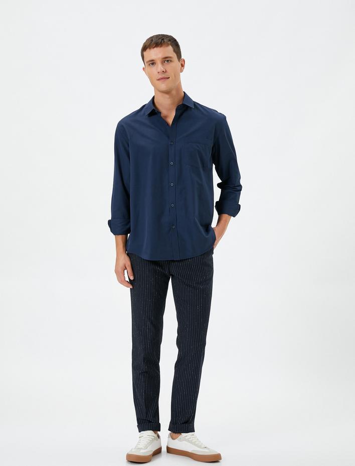  Klasik Gömlek Cep Detaylı Yarım İtalyan Yaka Düğmeli Uzun Kollu Non Iron