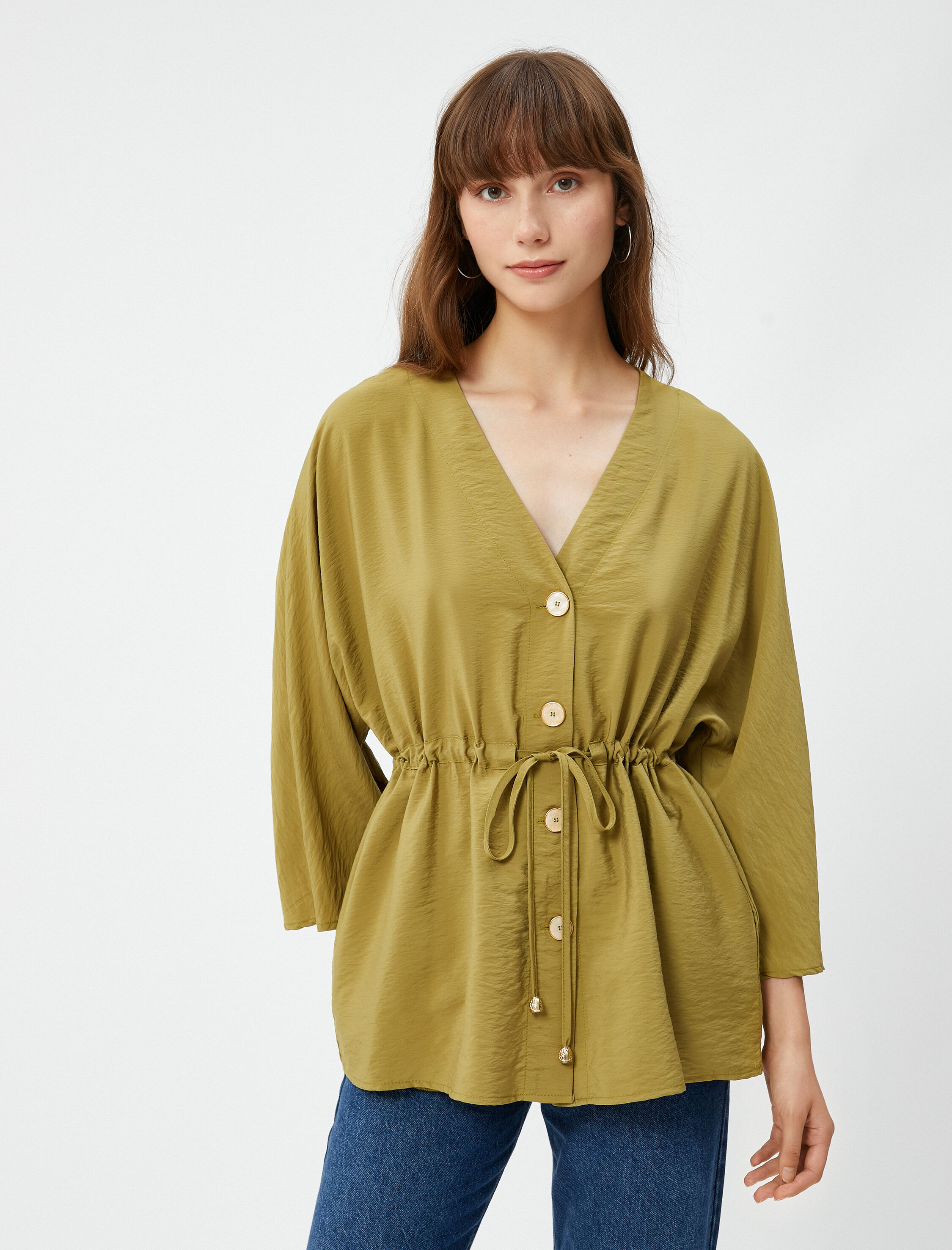   Düğmeli Kimono Bluz Beli Bağlamalı Kısa Kollu Dokulu