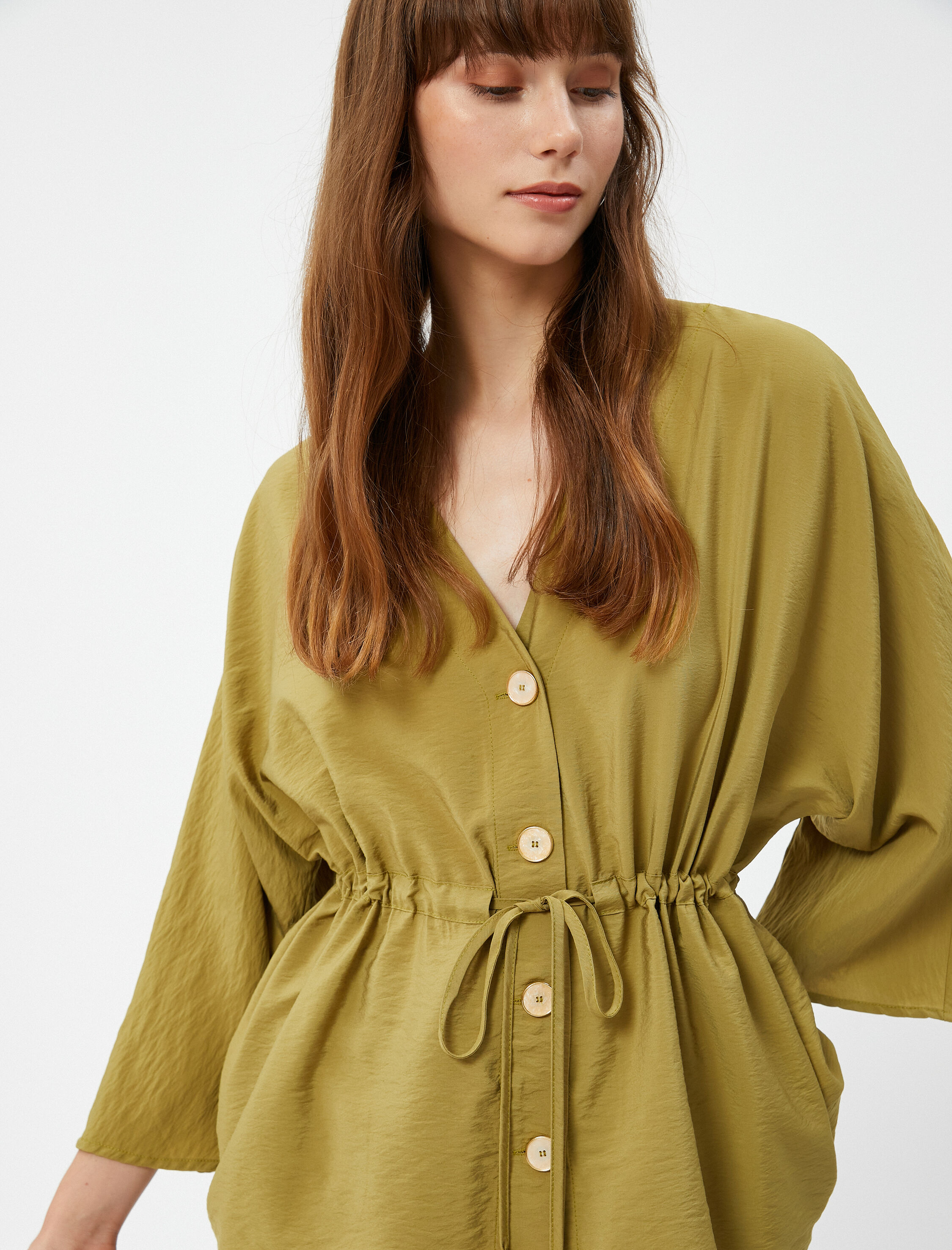   Düğmeli Kimono Bluz Beli Bağlamalı Kısa Kollu Dokulu