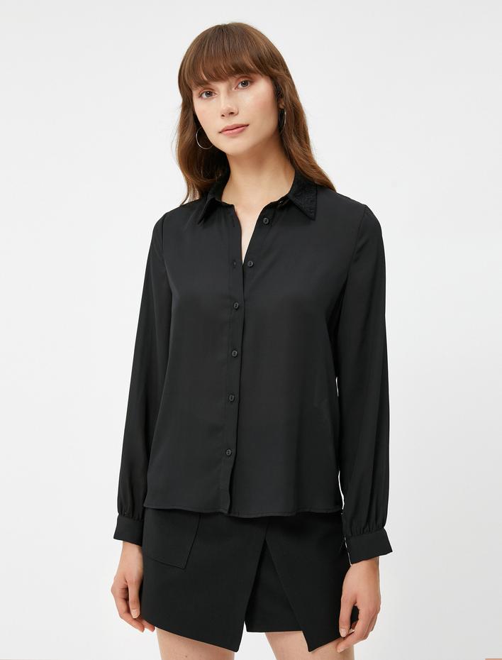  Klasik Gömlek Uzun Kollu Dokulu Yaka Düğmeli