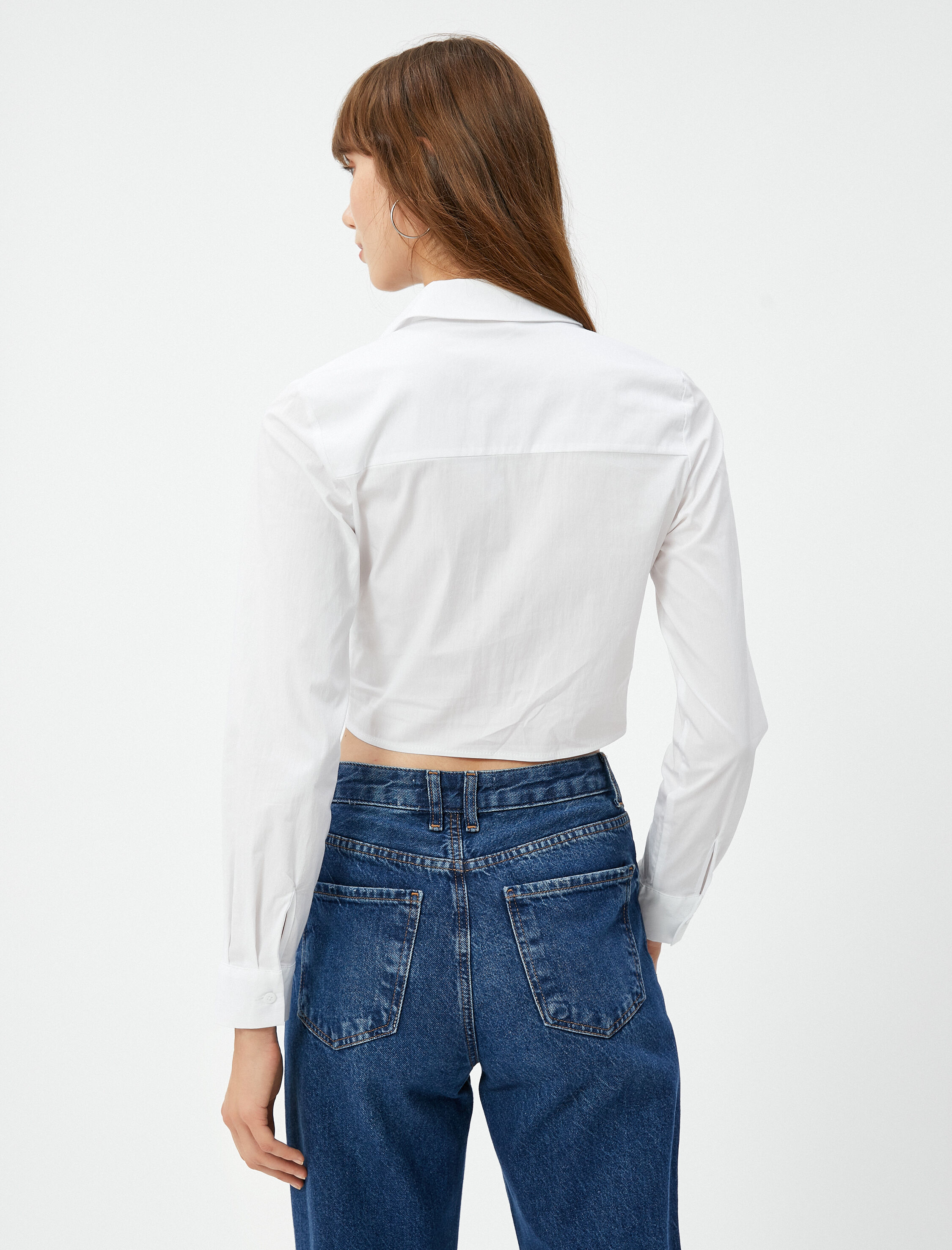   Crop Gömlek Drapeli Klasik Yaka Düğmeli Uzun Kollu