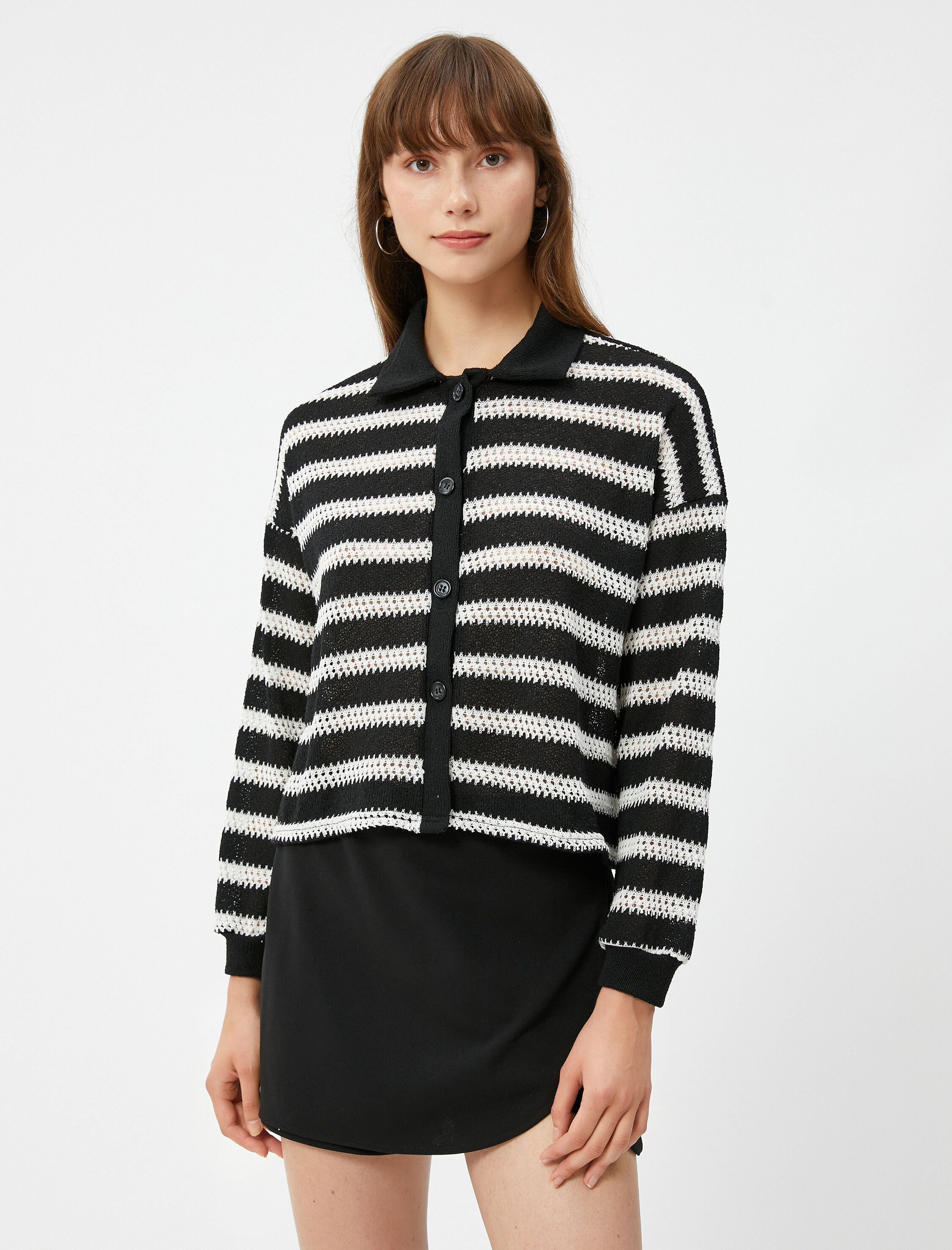   Polo Yaka Hırka Düğmeli Uzun Kollu Ajurlu