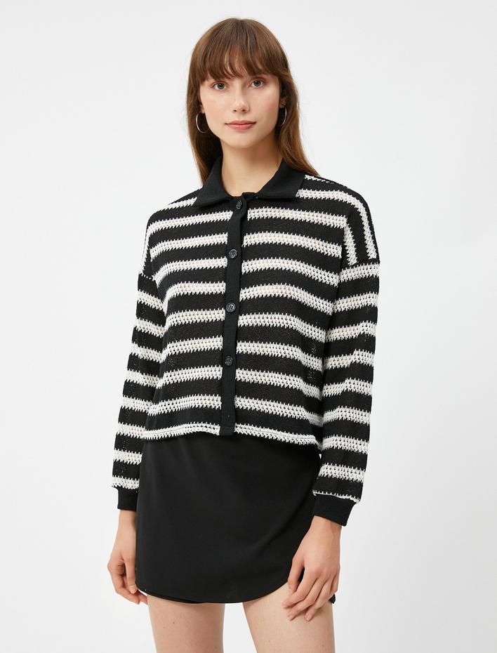  Polo Yaka Hırka Düğmeli Uzun Kollu Ajurlu