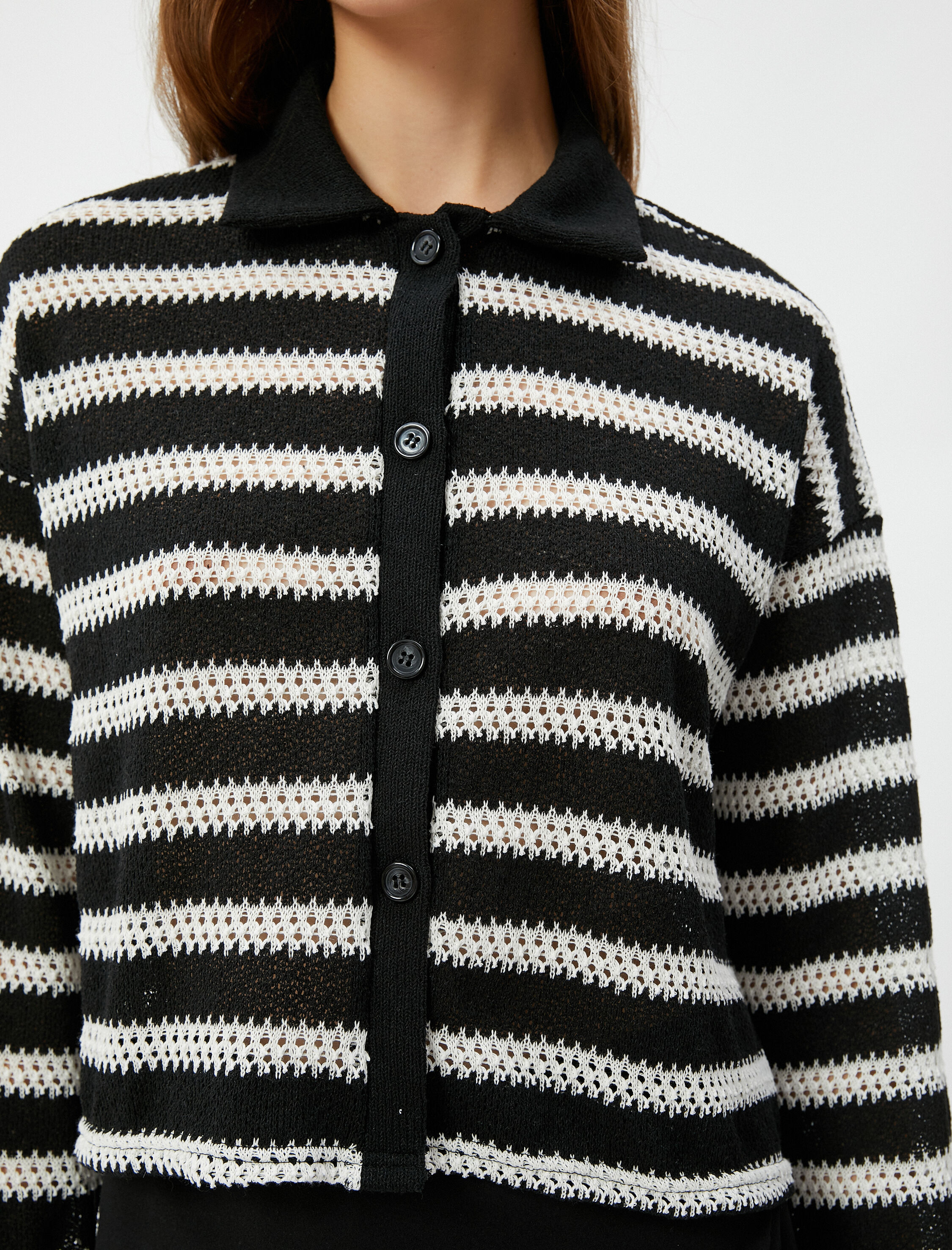   Polo Yaka Hırka Düğmeli Uzun Kollu Ajurlu