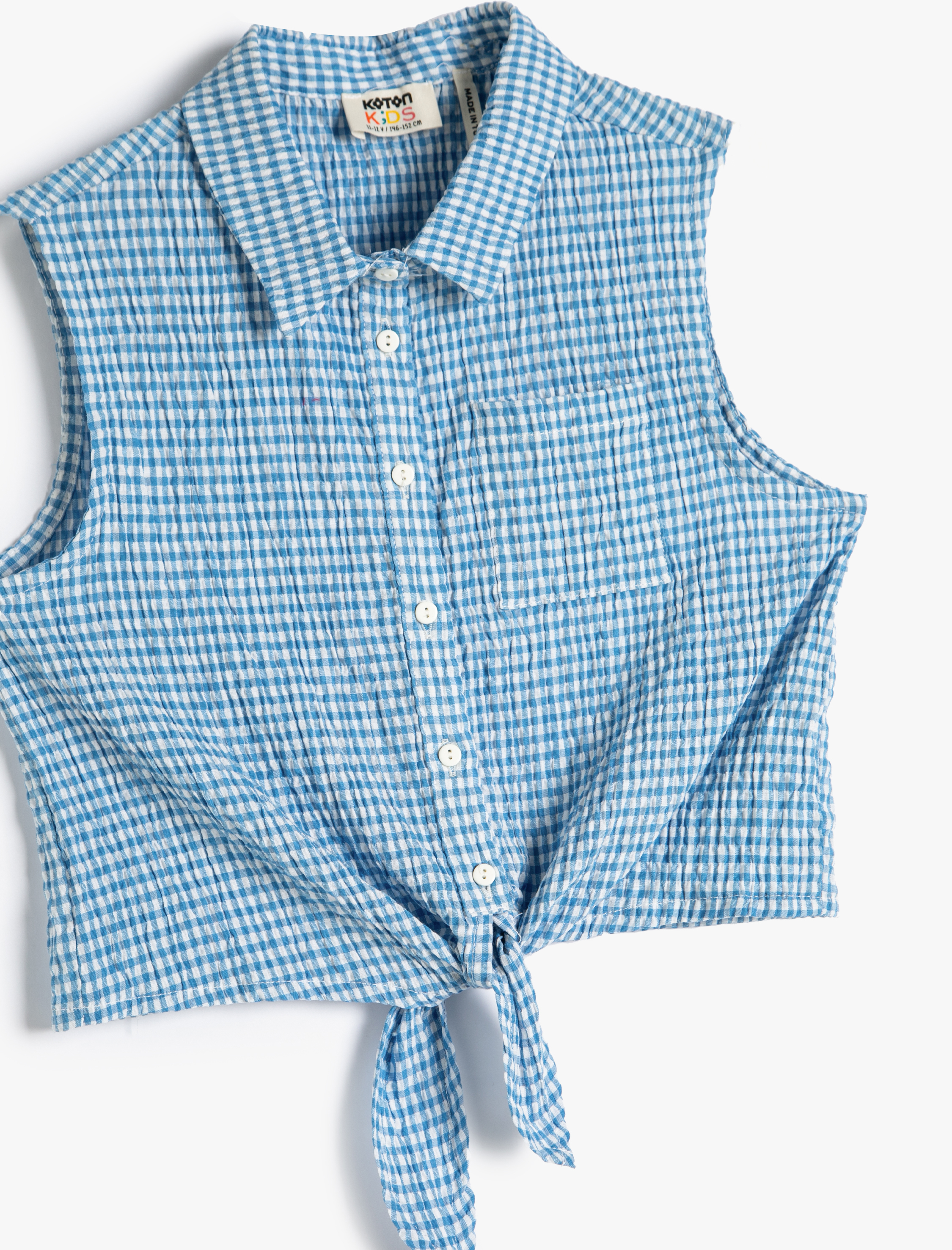  Kız Çocuk Crop Kolsuz Gömlek Belden Bağlamalı Pötikareli