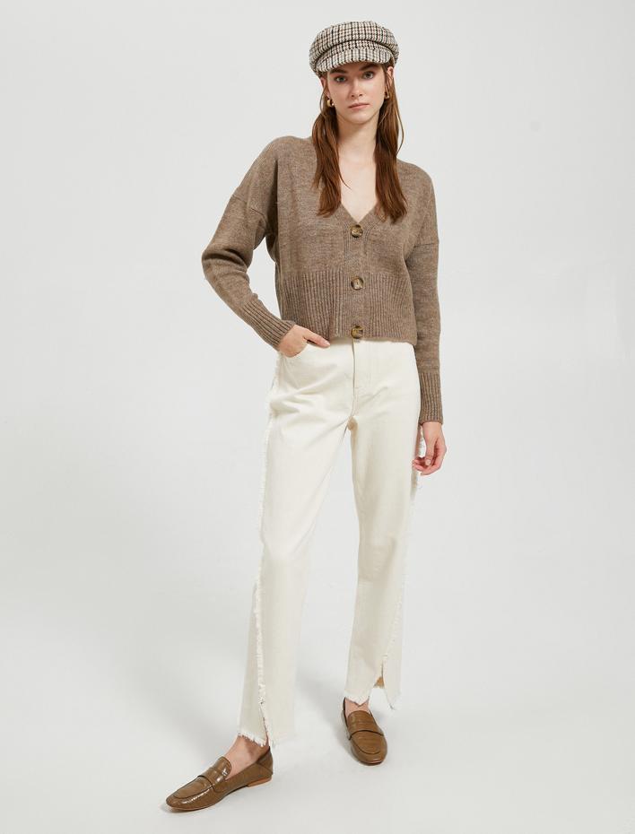  Crop Hırka Düğmeli V Yaka