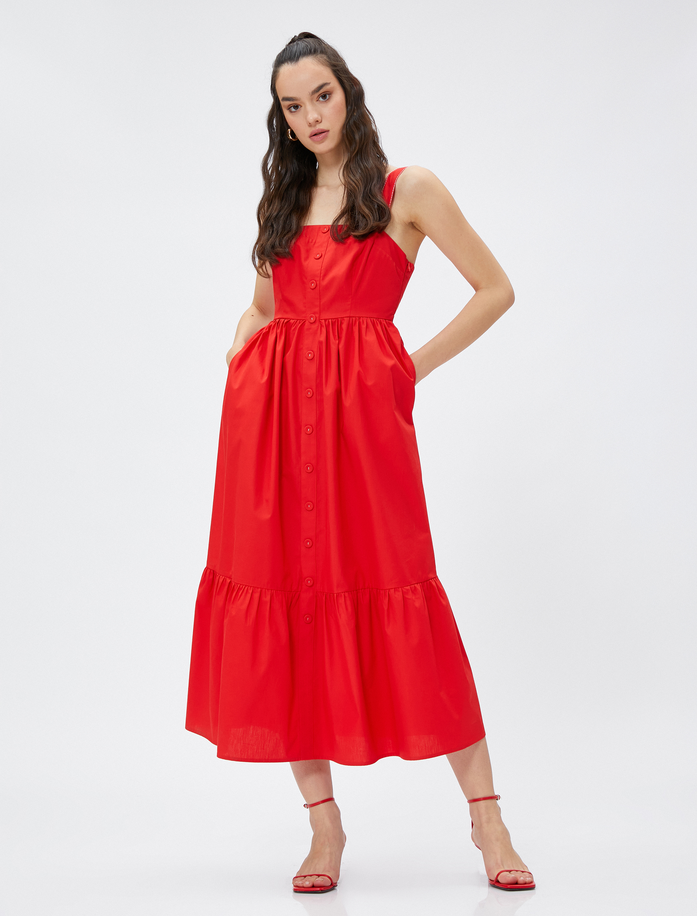   Midi Boy Elbise Düğmeli Askılı Pamuklu