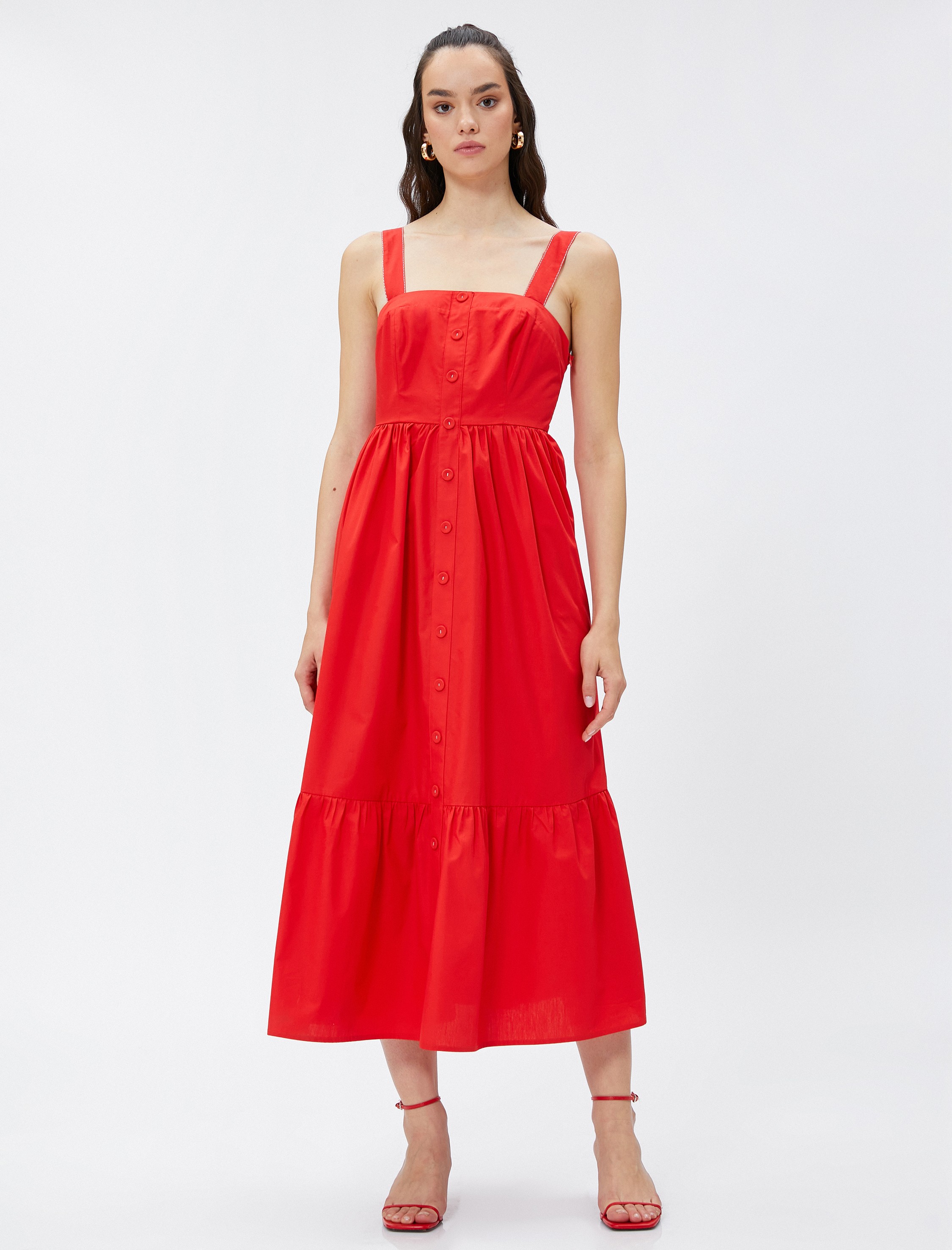   Midi Boy Elbise Düğmeli Askılı Pamuklu