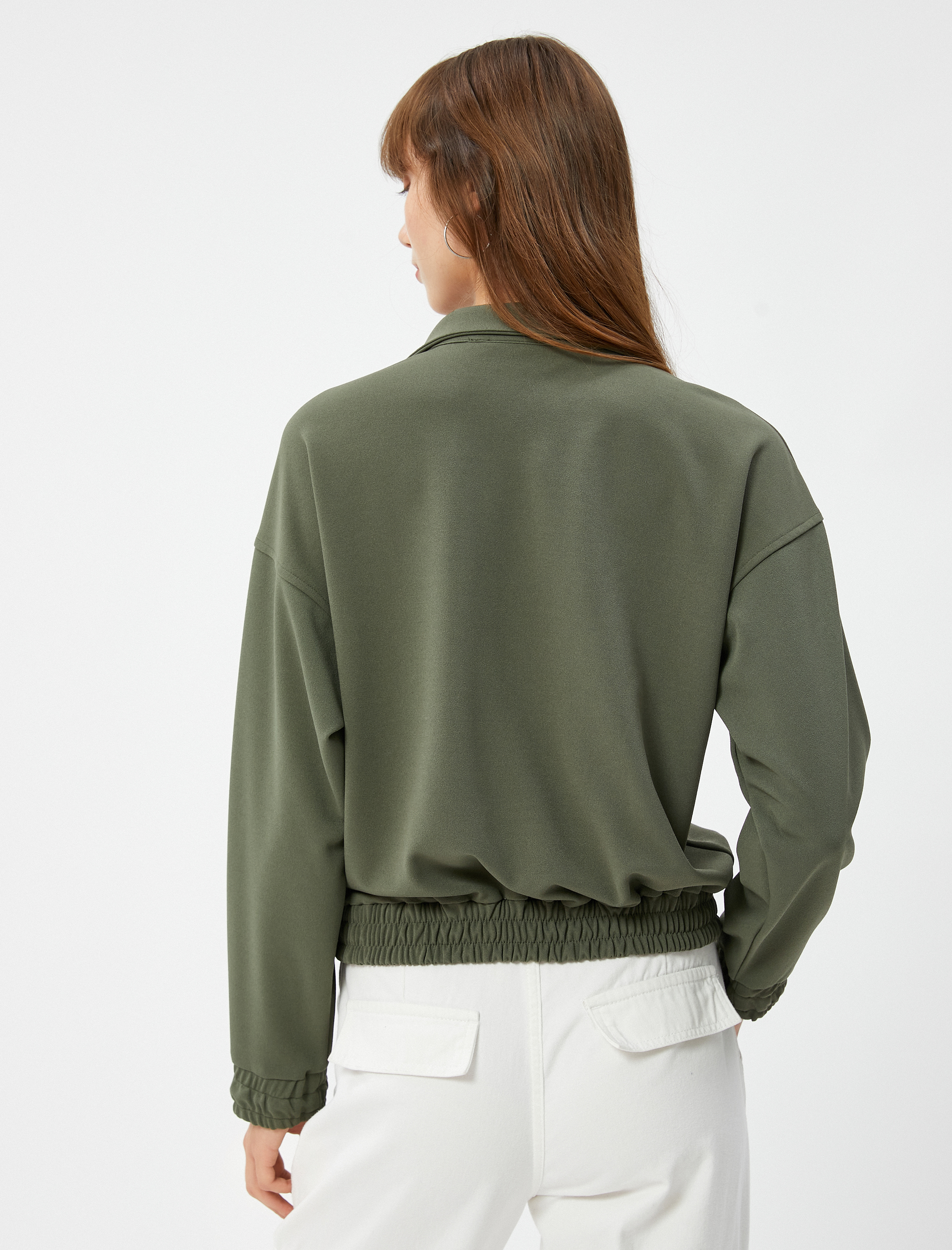   Yarım Fermuarlı Sweatshirt Ribanalı Uzun Kollu Çıtçıt Düğmeli