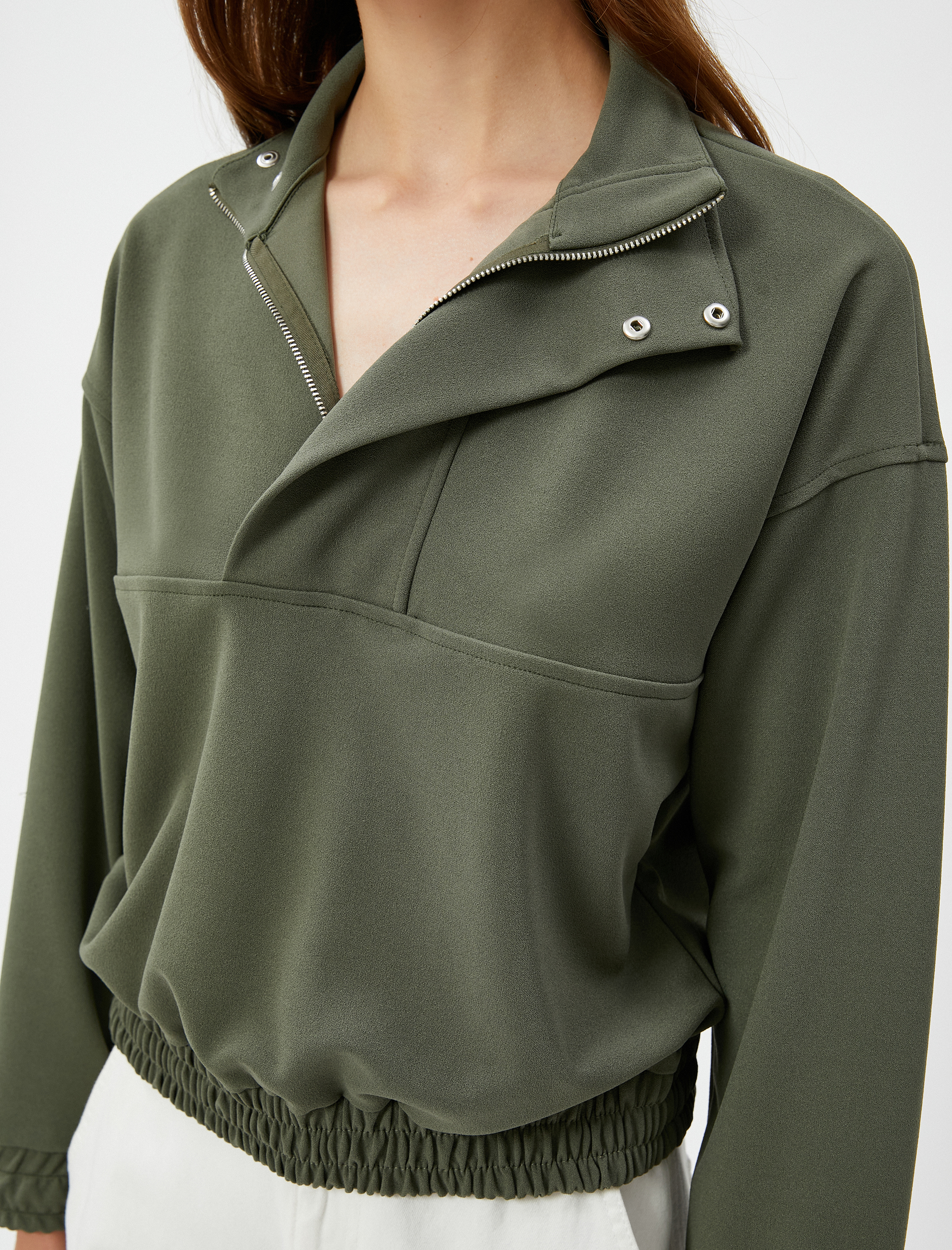   Yarım Fermuarlı Sweatshirt Ribanalı Uzun Kollu Çıtçıt Düğmeli