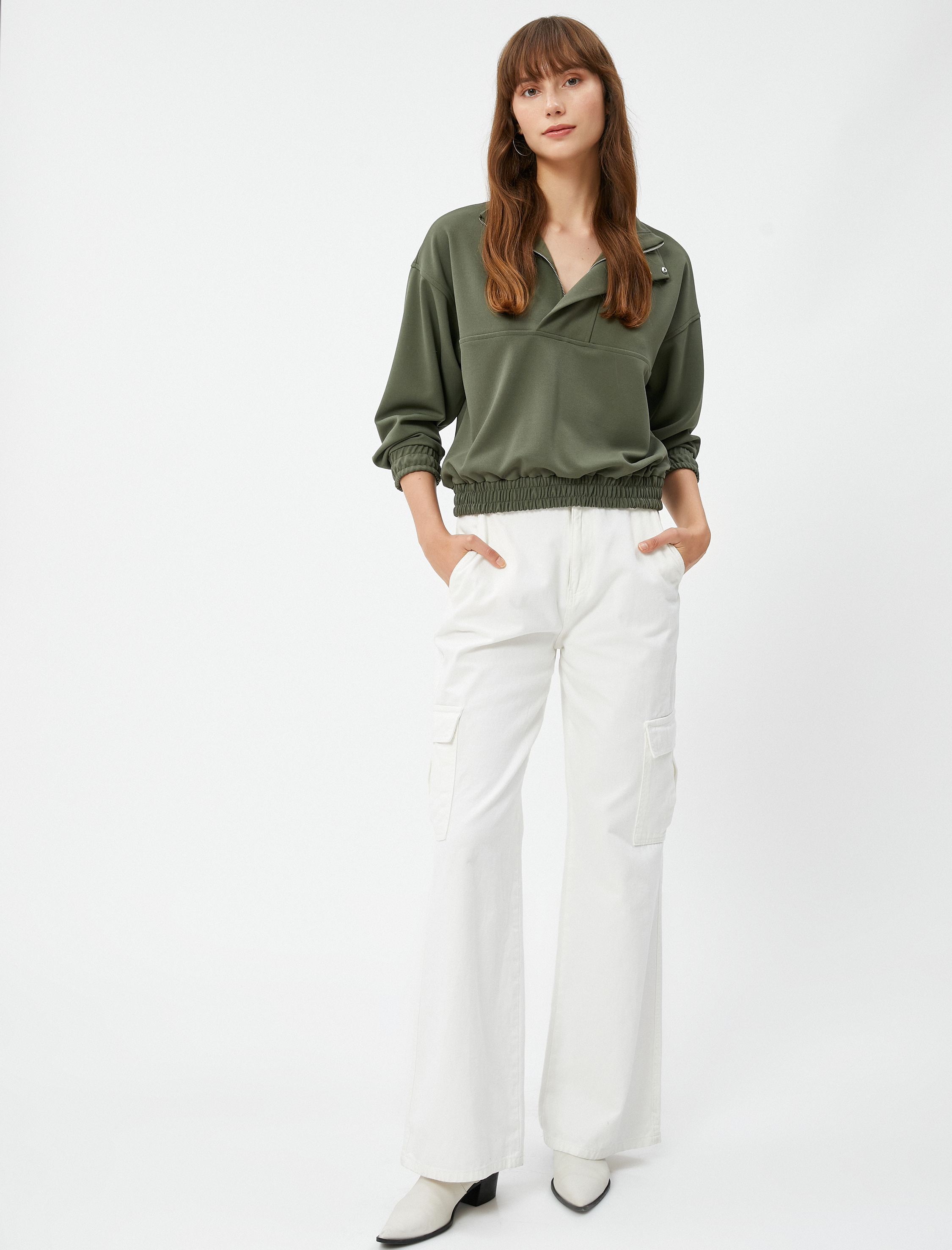   Yarım Fermuarlı Sweatshirt Ribanalı Uzun Kollu Çıtçıt Düğmeli