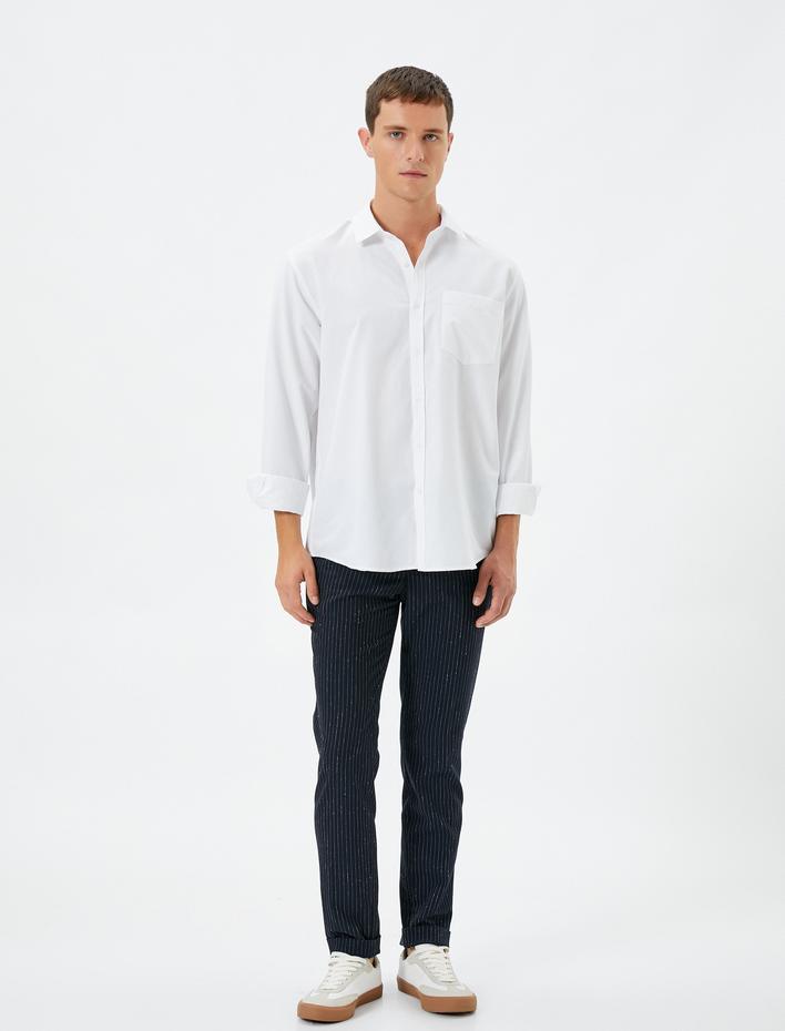  Klasik Gömlek Cep Detaylı Yarım İtalyan Yaka Düğmeli Uzun Kollu Non Iron